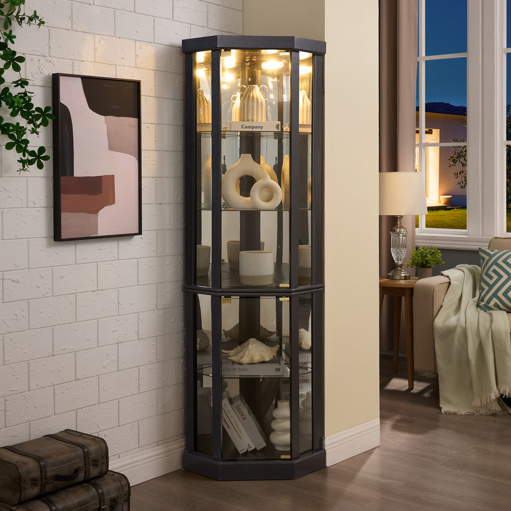 Anthony & Home Heritage Lighted Corner Curio Cabinet with glass display for antiques and wine collections in a modern home setting