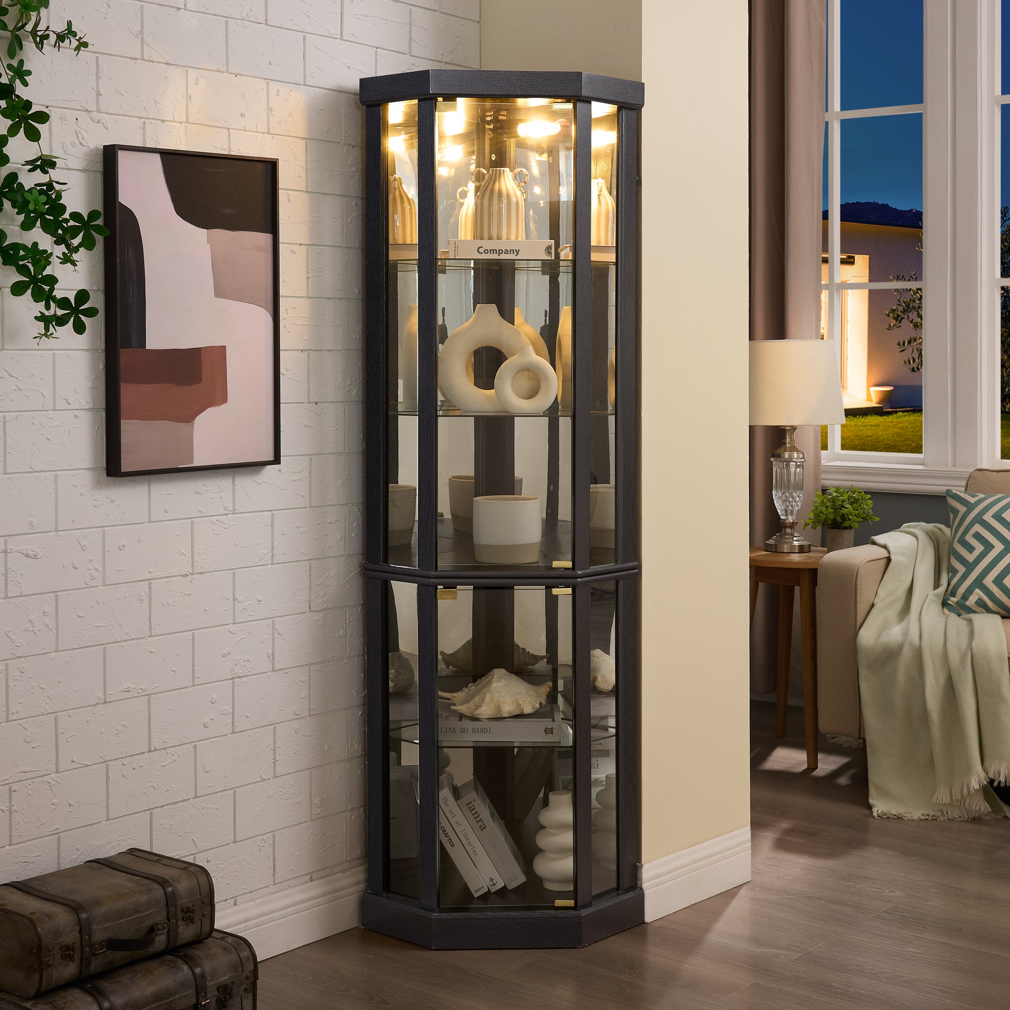 Anthony & Home Heritage Lighted Corner Curio Cabinet with glass display for antiques and wine collections in a modern home setting
