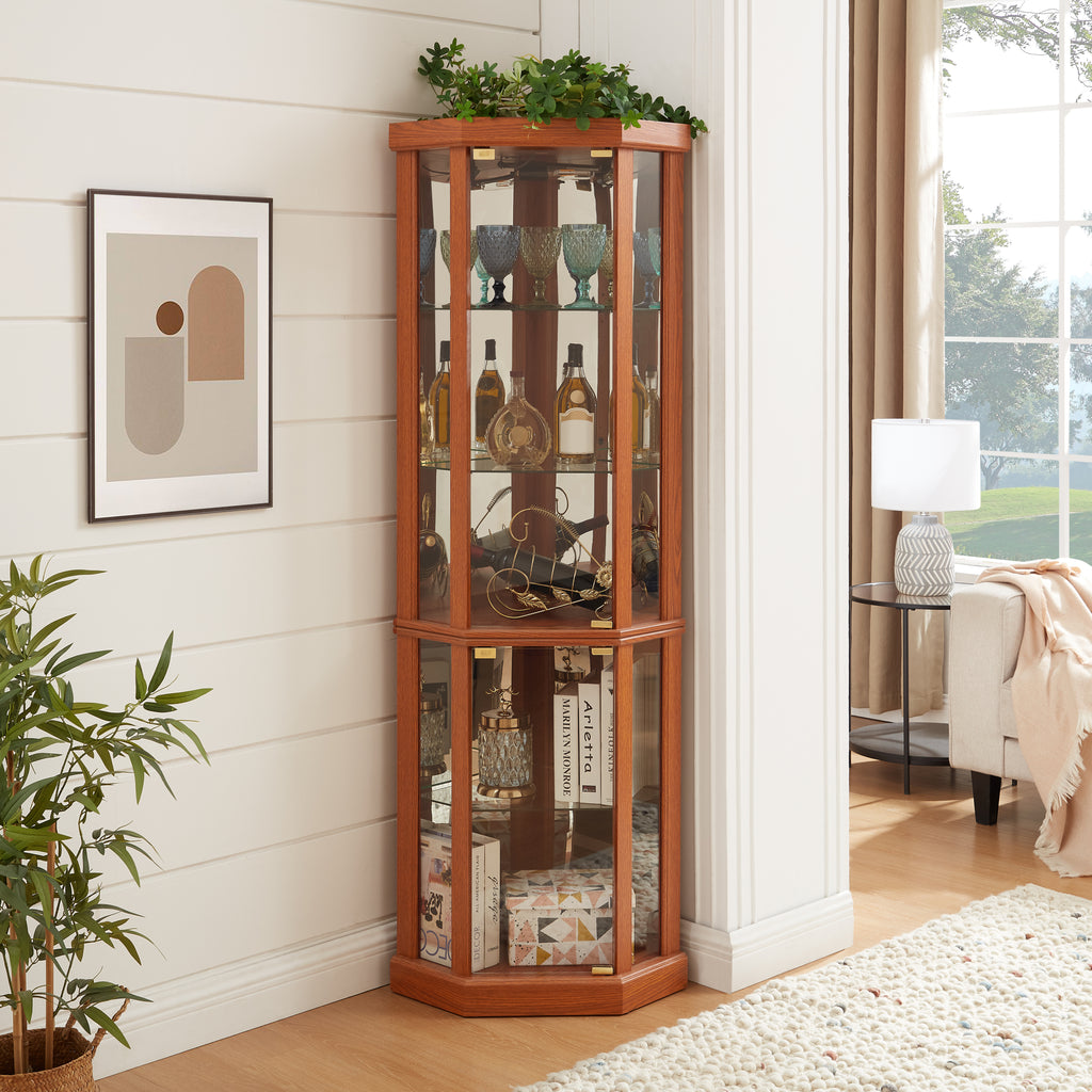 Dark oak corner lighted curio cabinet by Anthony & Home featuring glass doors and interior display shelves.