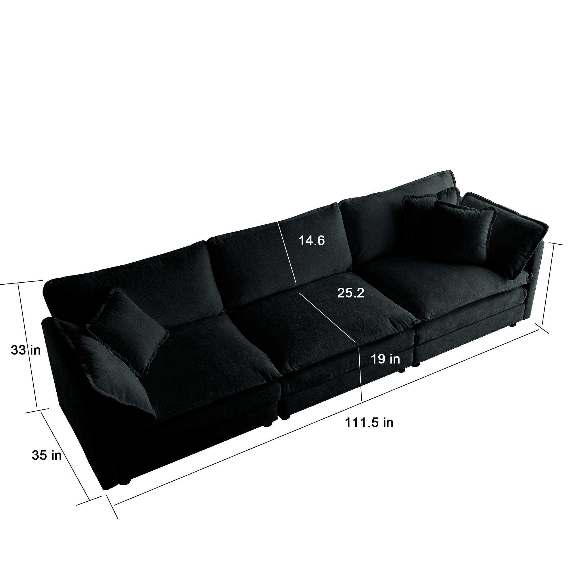 Black chenille oversized L-shaped sectional sofa with reversible ottoman, modular design by Anthony & Home.