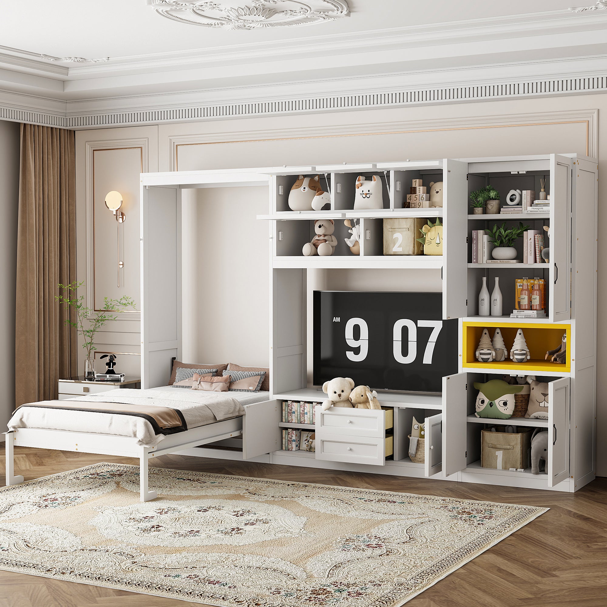 White twin-size solid wood Murphy bed with integrated TV stand, two drawers, and cabinets by Anthony & Home.