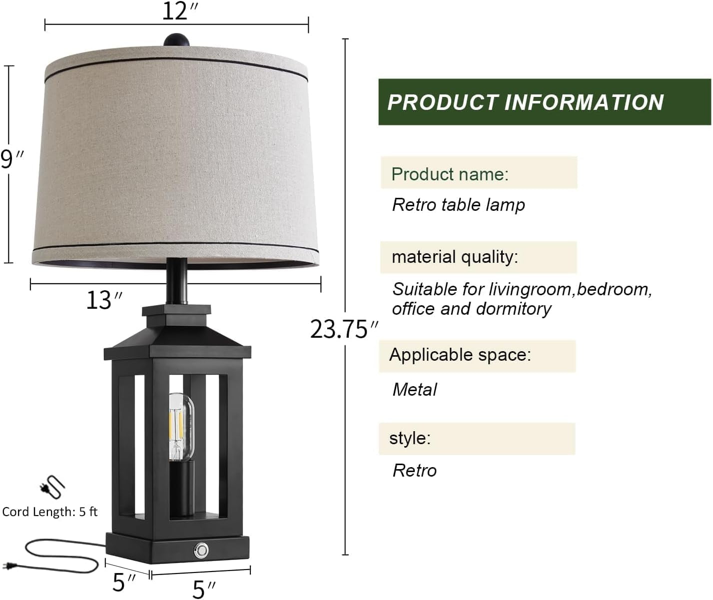 Retro Black Table Lamps Touch Control, USB, Vintage Set-1