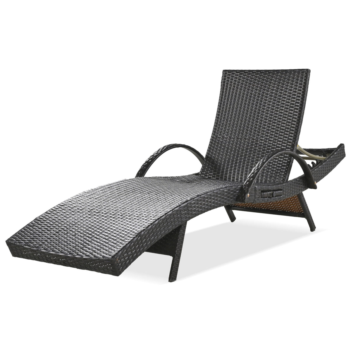 Anthony & Home K&K Signature outdoor wicker chaise lounges set with dark brown finish, adjustable backrest, and pull-out side table.