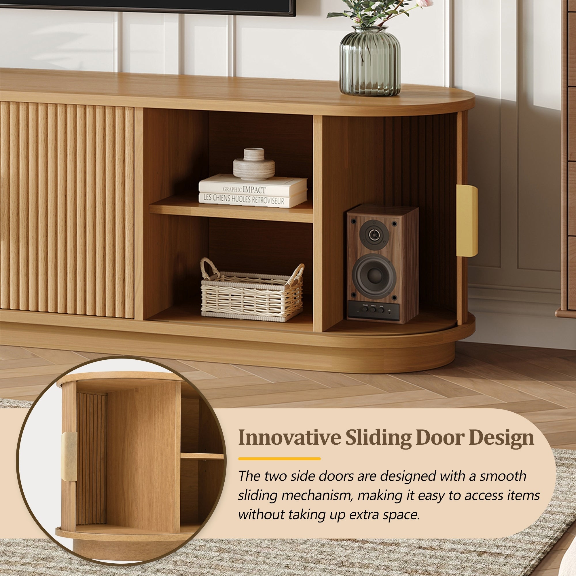 Anthony & Home Studio Collection TV stand with gold handles, modern wood finish, and sleek design for contemporary living rooms.