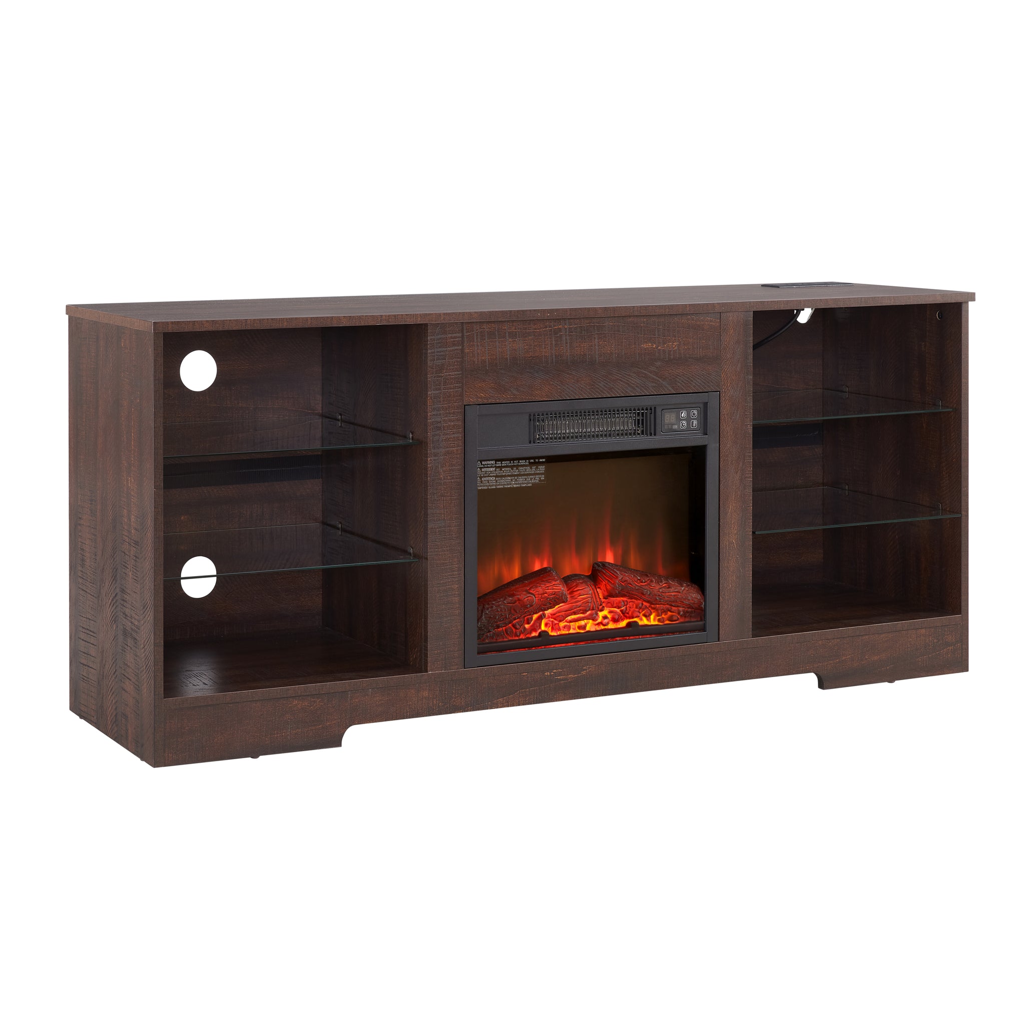 Anthony & Home electric fireplace TV stand with glass shelves, USB outlet, LED lighting, and modern Studio Collection design