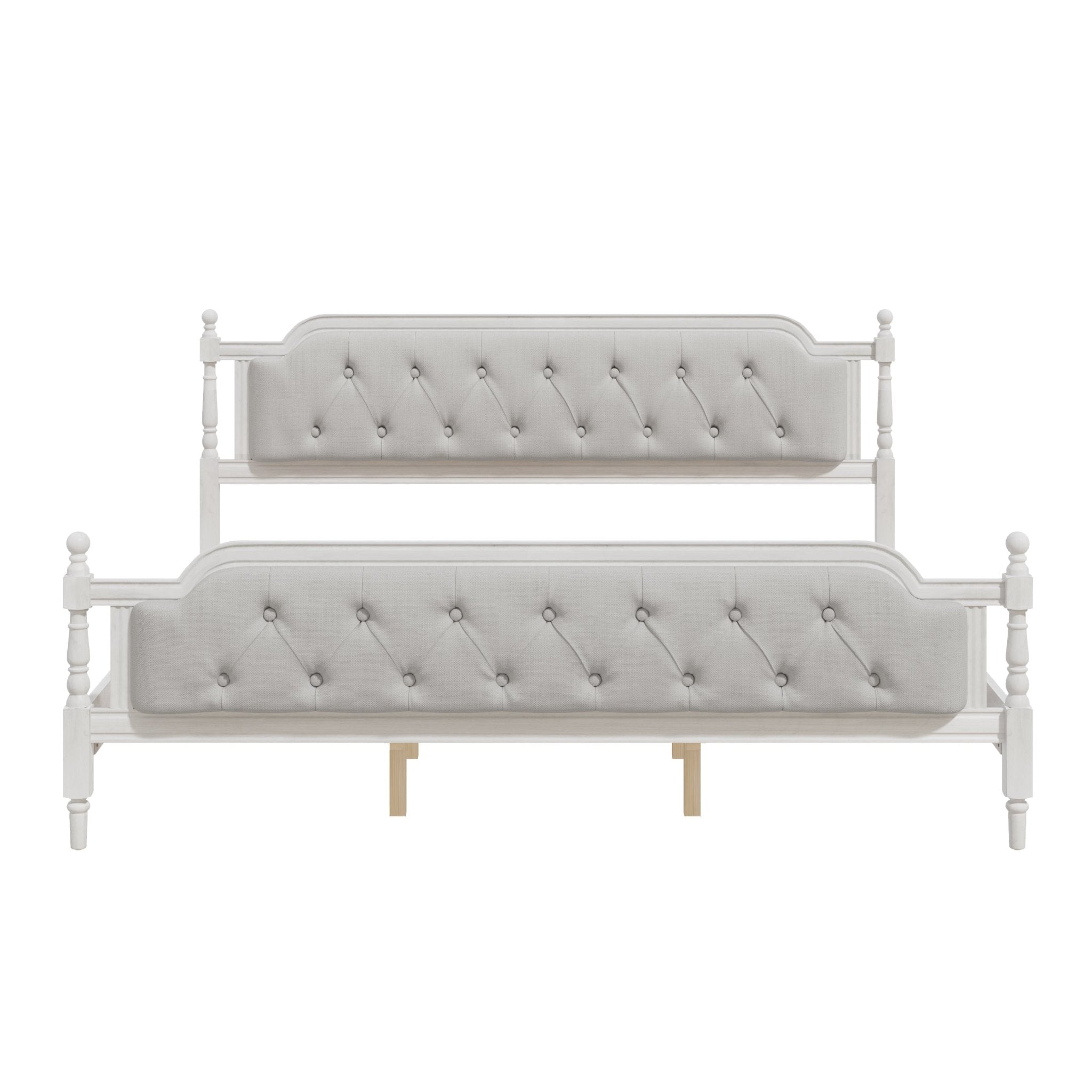 Antique white king bed frame with linen tufted headboard and wooden legs, stylish bedroom furniture by Anthony & Home