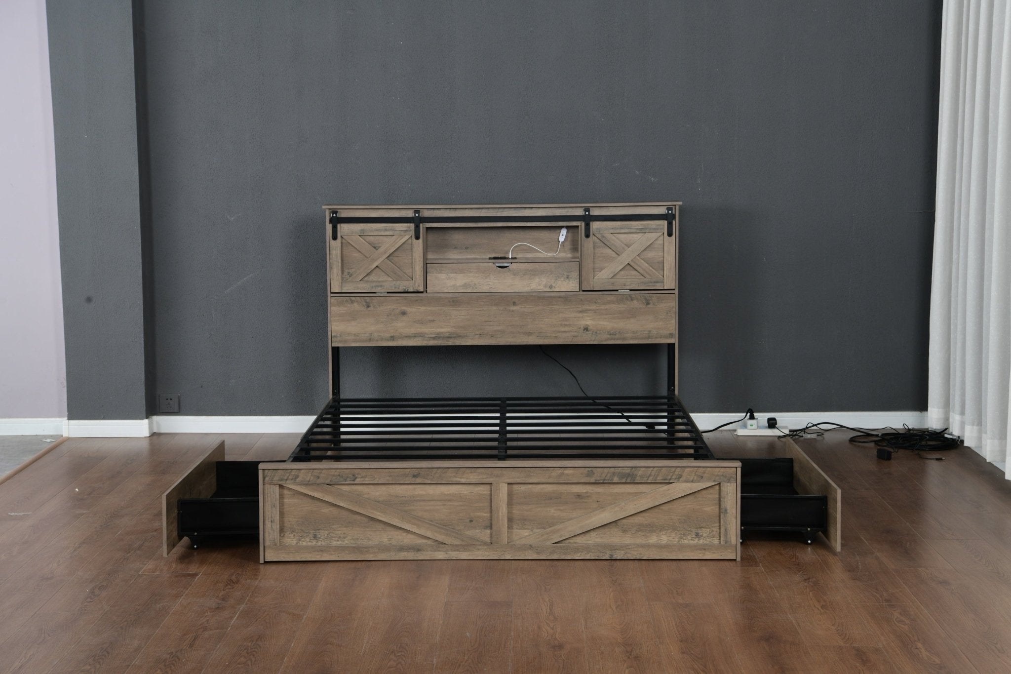 Anthony & Home farmhouse queen bed frame in grey with rustic wood finish, LED lighting, charging station, and storage drawers.