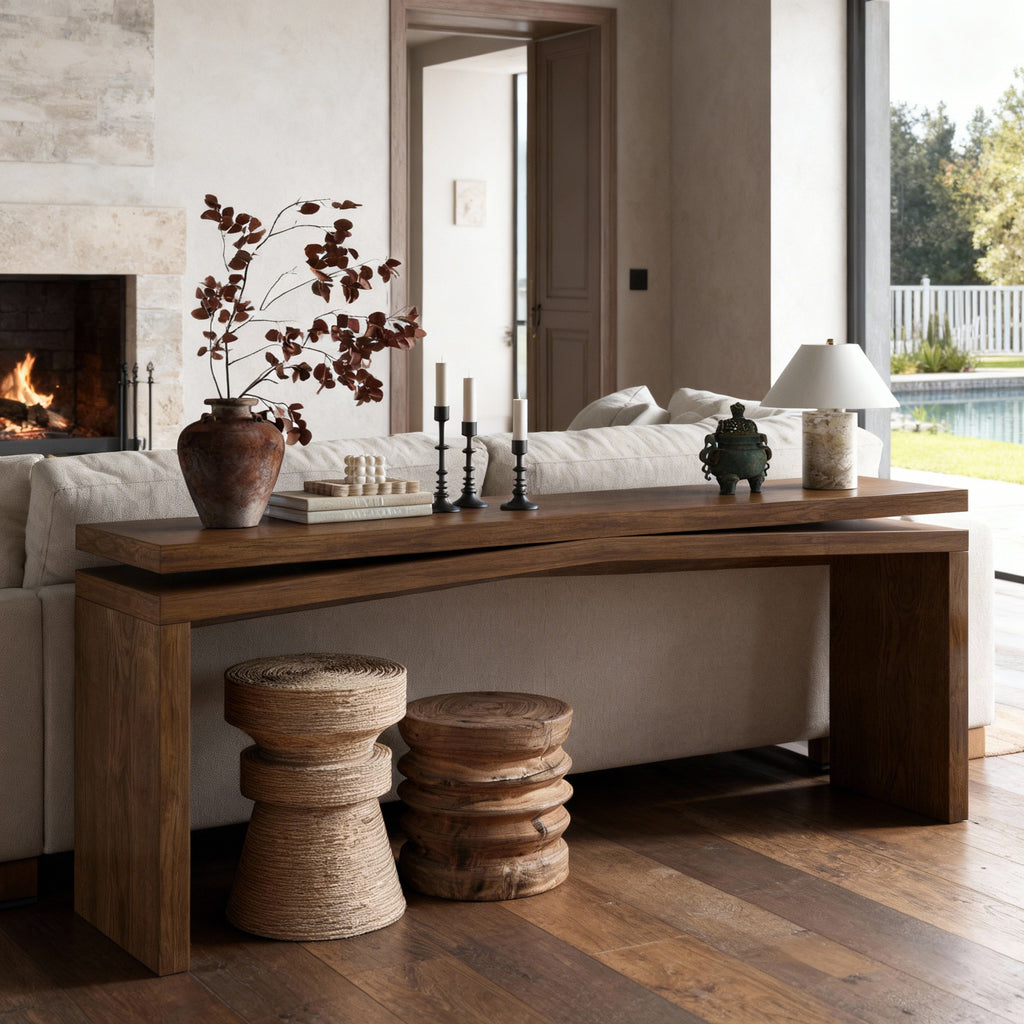 Anthony & Home 65-inch solid wood veneer console table in antique rustic brown finish, ideal for entryway decor.