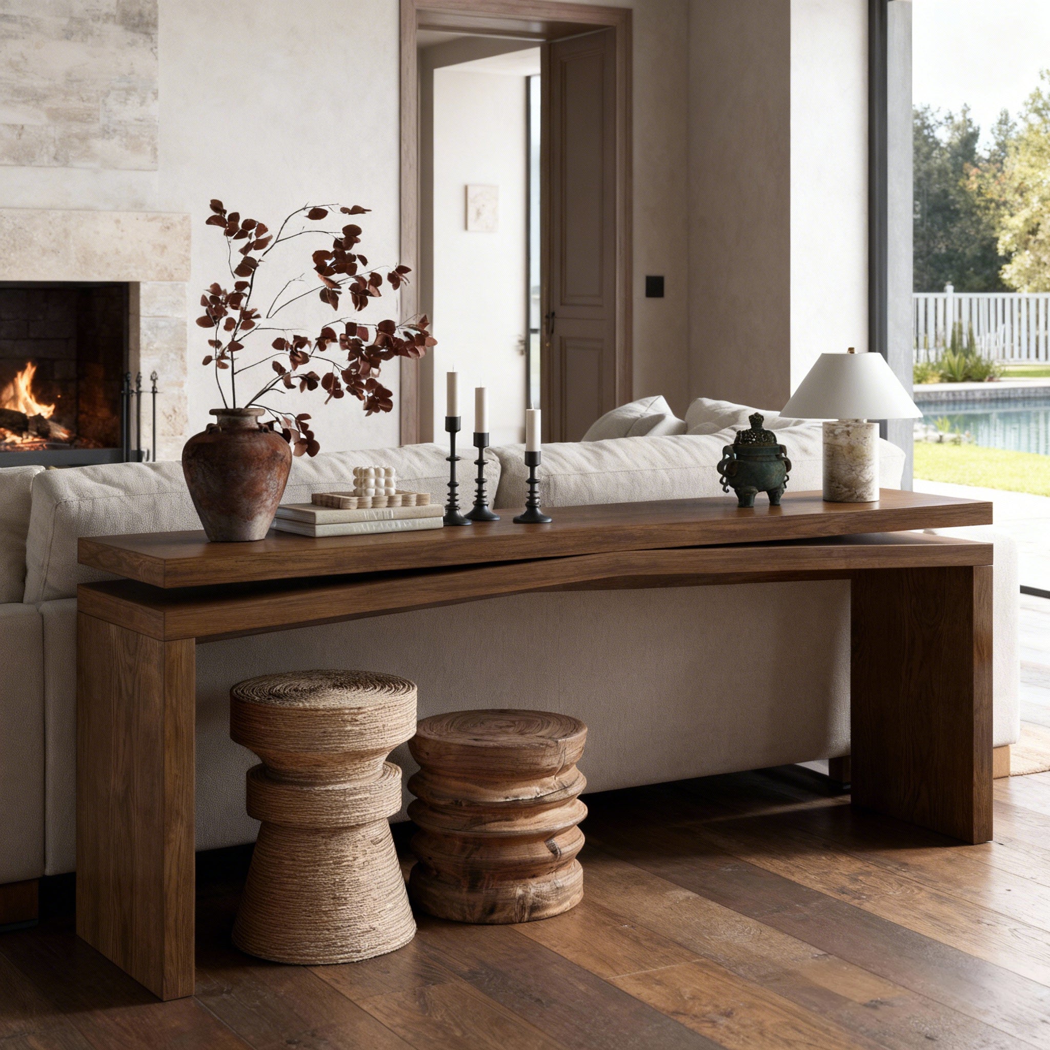 Anthony & Home 65-inch solid wood veneer console table in antique rustic brown finish, ideal for entryway decor.