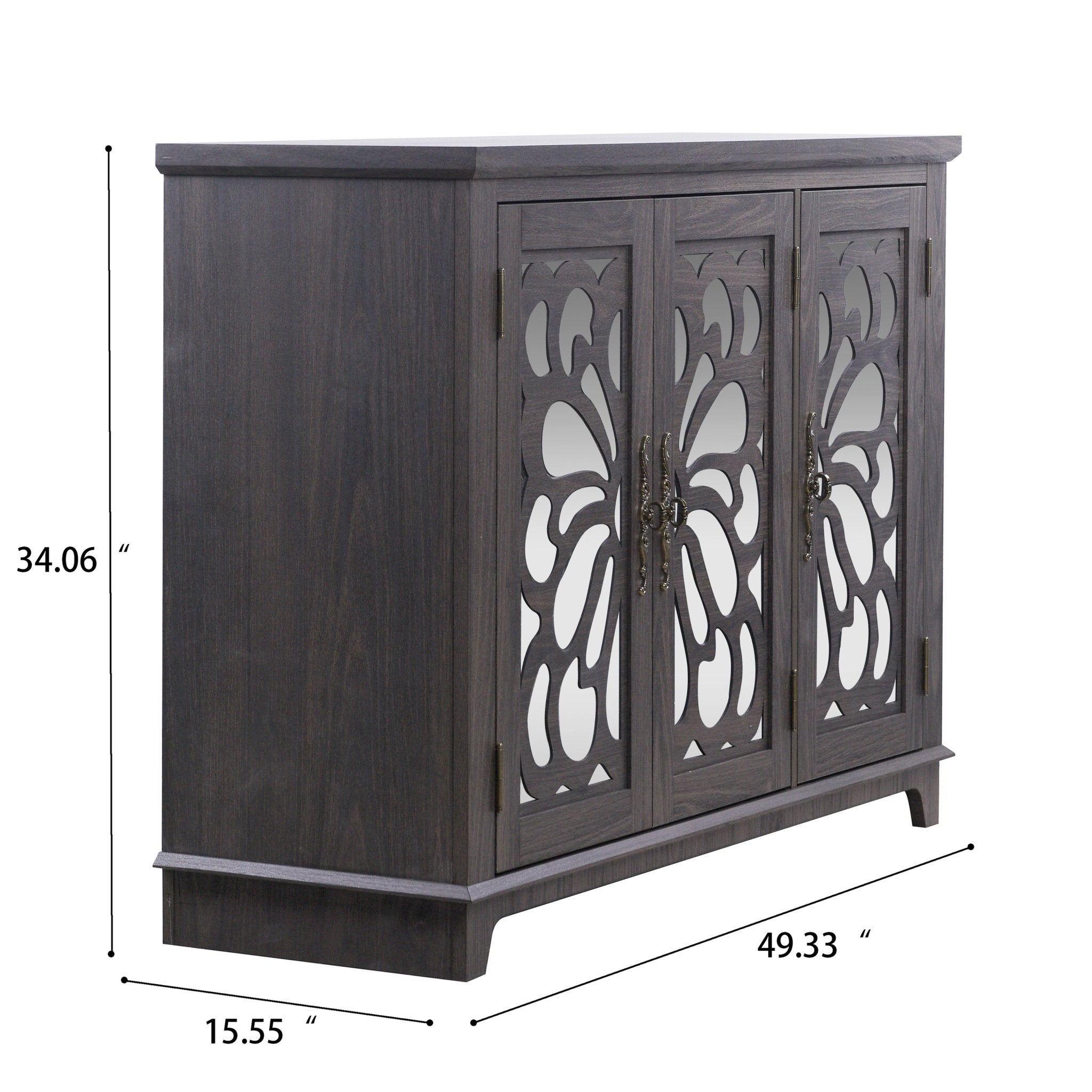 Anthony & Home Heritage Walnut sideboard with mirrored doors and adjustable shelves, measuring 49.3 x 15.6 inches.