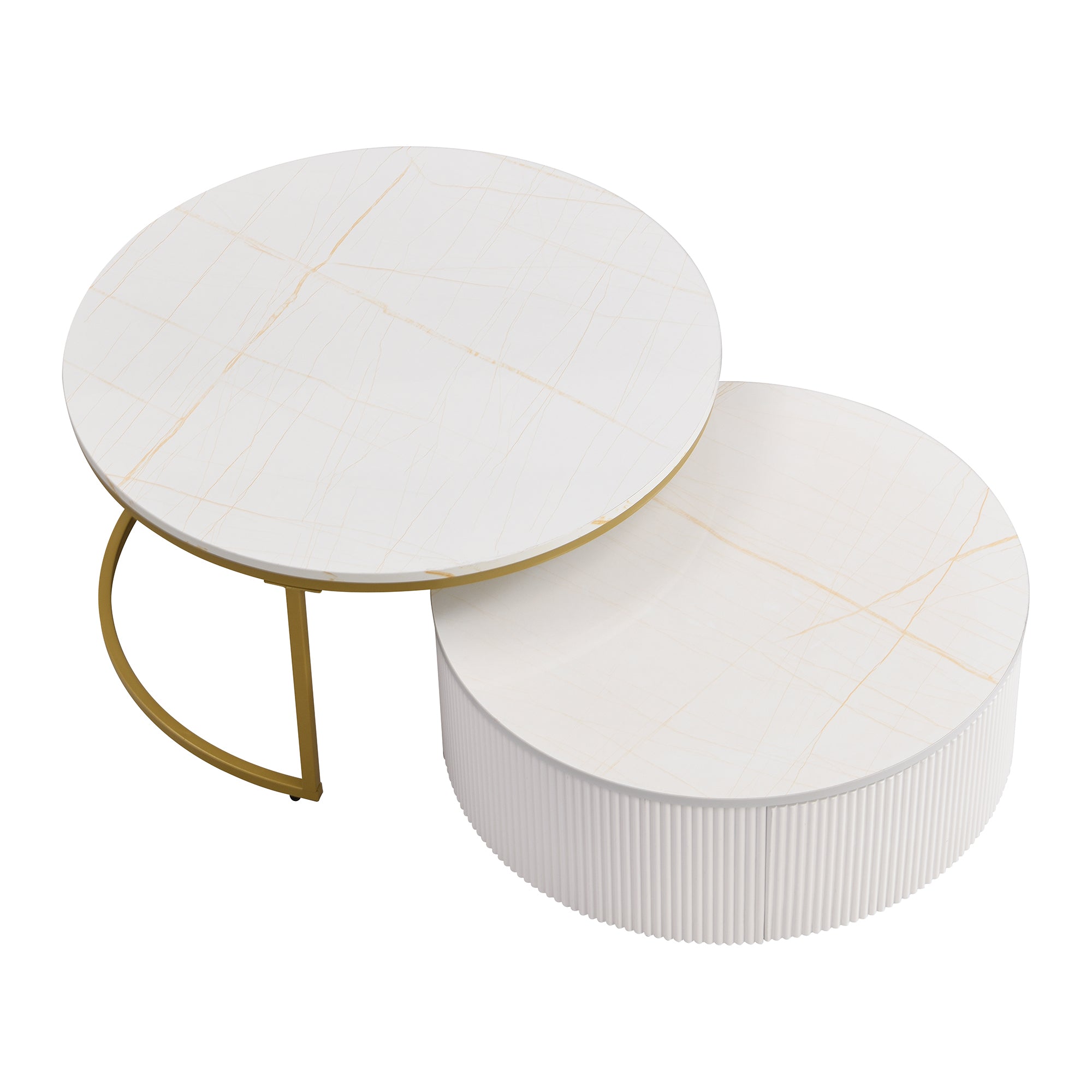 Round nesting coffee table with white gloss top and gold fluted base from Anthony & Home Signature Collection.