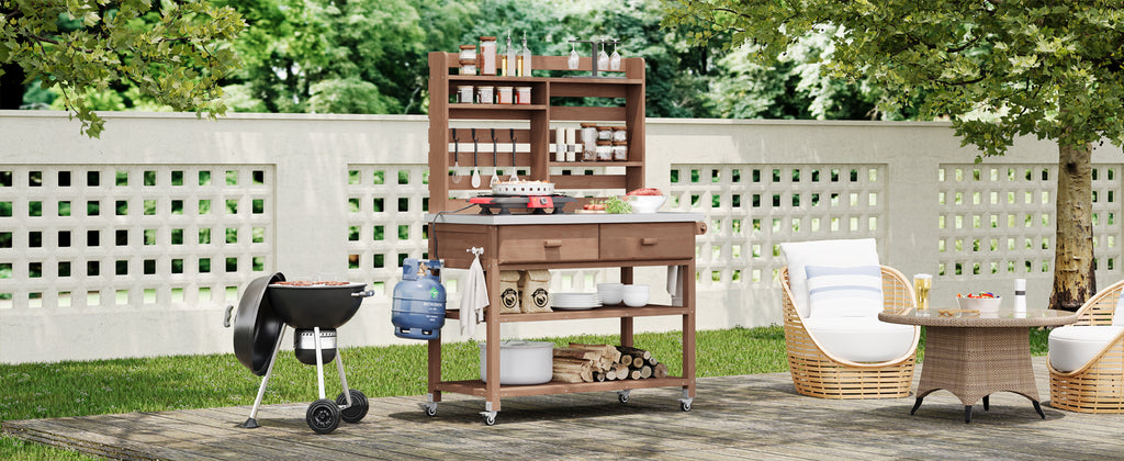 Anthony & Home outdoor potting bench with stainless steel top, featuring a sturdy wooden frame and ample workspace for gardening.
