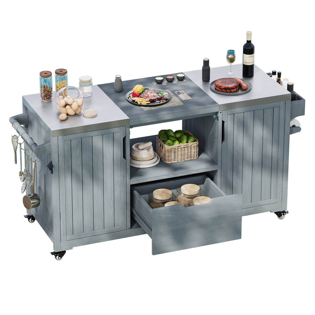 Solid wood outdoor kitchen island by Anthony & Home with storage space, designed for Big Green Egg Studio outdoor cooking setup.