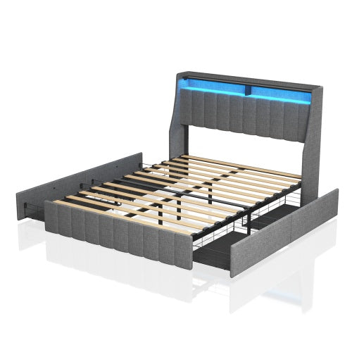 Full Size Bed Frame With Led And Under Bed Storage Drawers