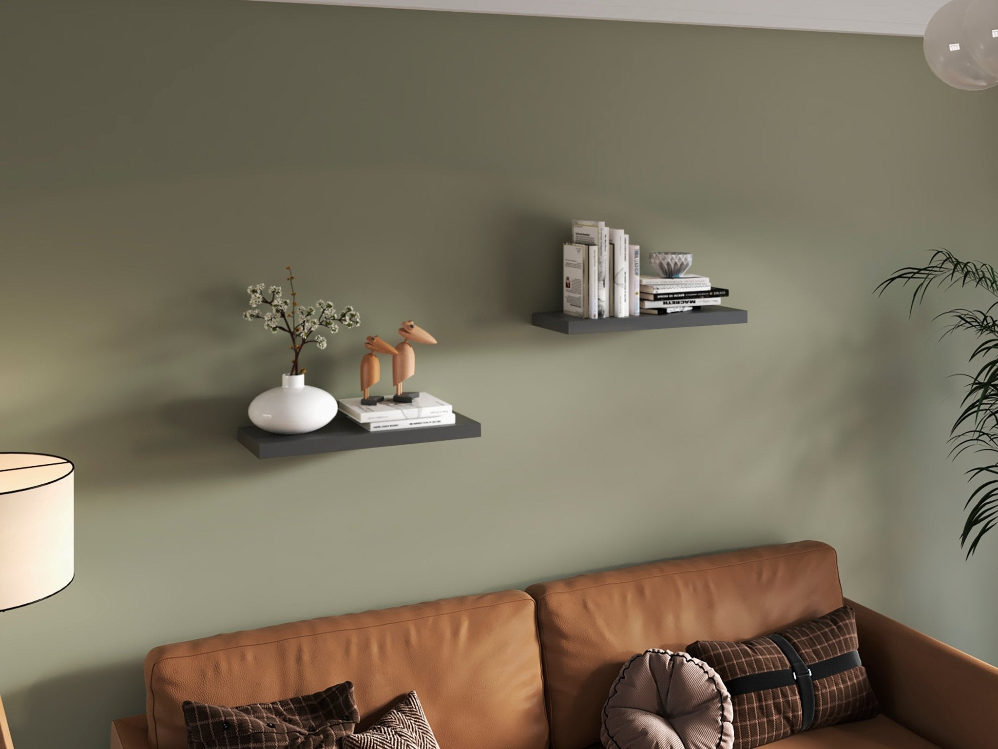 Floating shelves from Anthony & Home Studio Collection in matte gray finish, showcasing sleek wall-mounted storage and display space.
