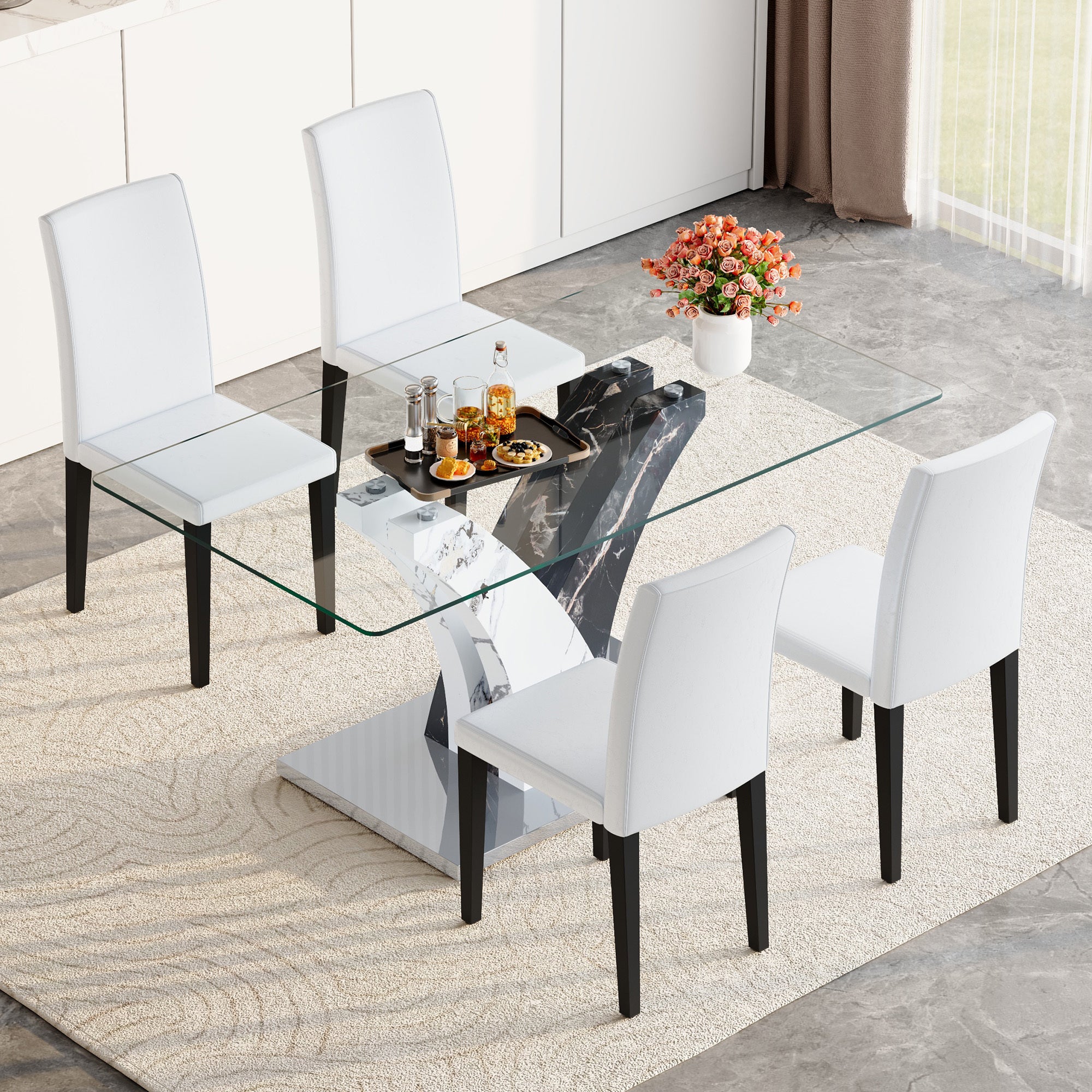 Anthony & Home Signature tempered glass dining table with matching chairs, modern furniture set for dining room.