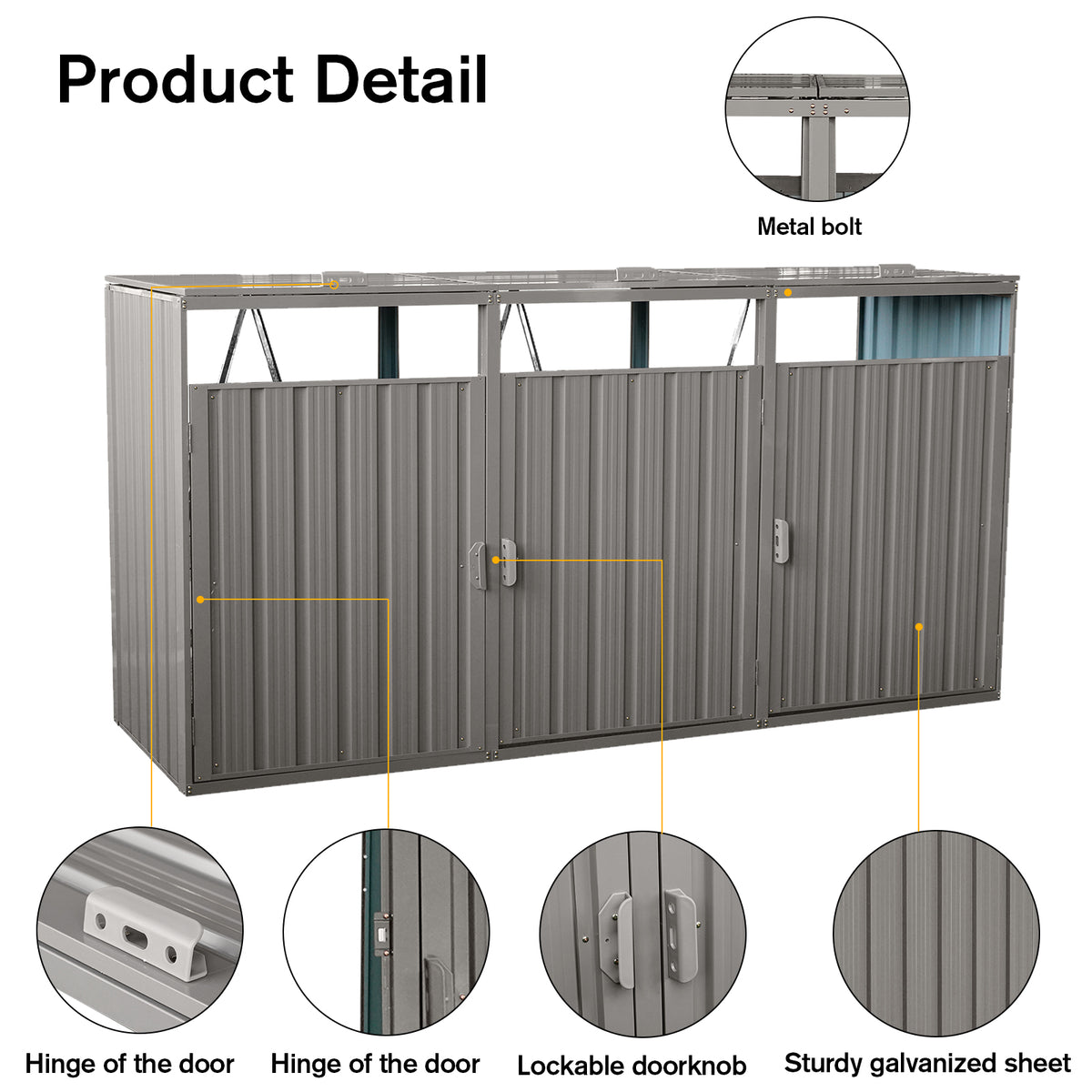 Anthony & Home galvanized steel trash bin shed with three grey cans for outdoor waste management.