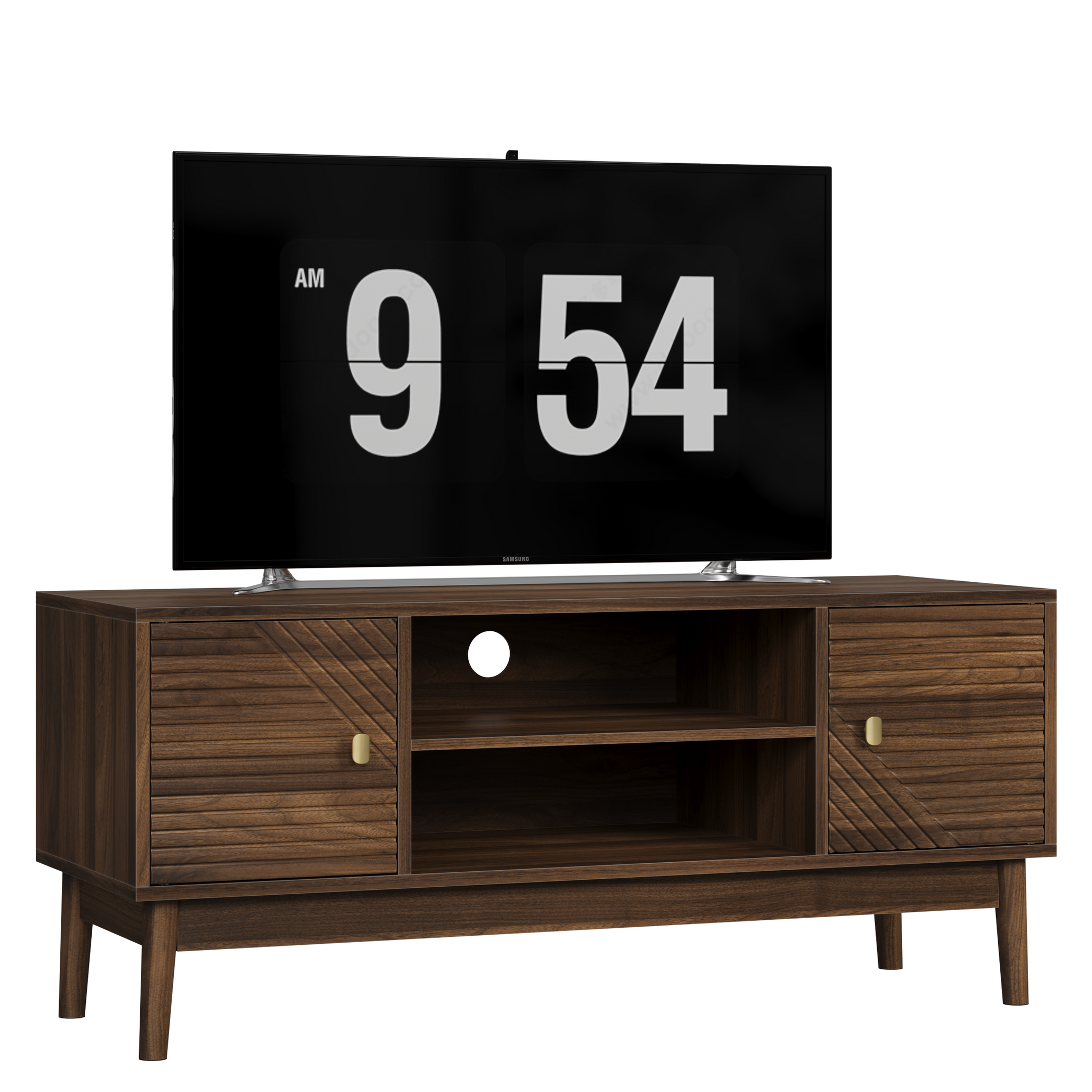 Walnut mid-century TV stand by Anthony & Home with sleek wood finish and modern design, perfect for living room entertainment setup.