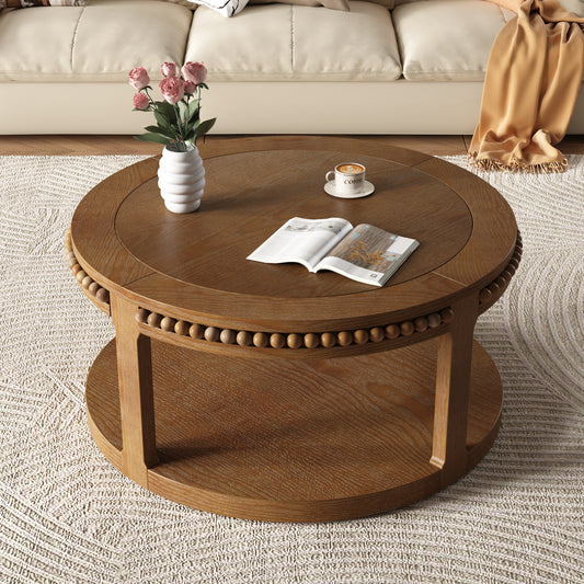 Anthony & Home Studio Walnut round coffee table with solid wood construction and two-tier design, showcasing a stylish living room setup.