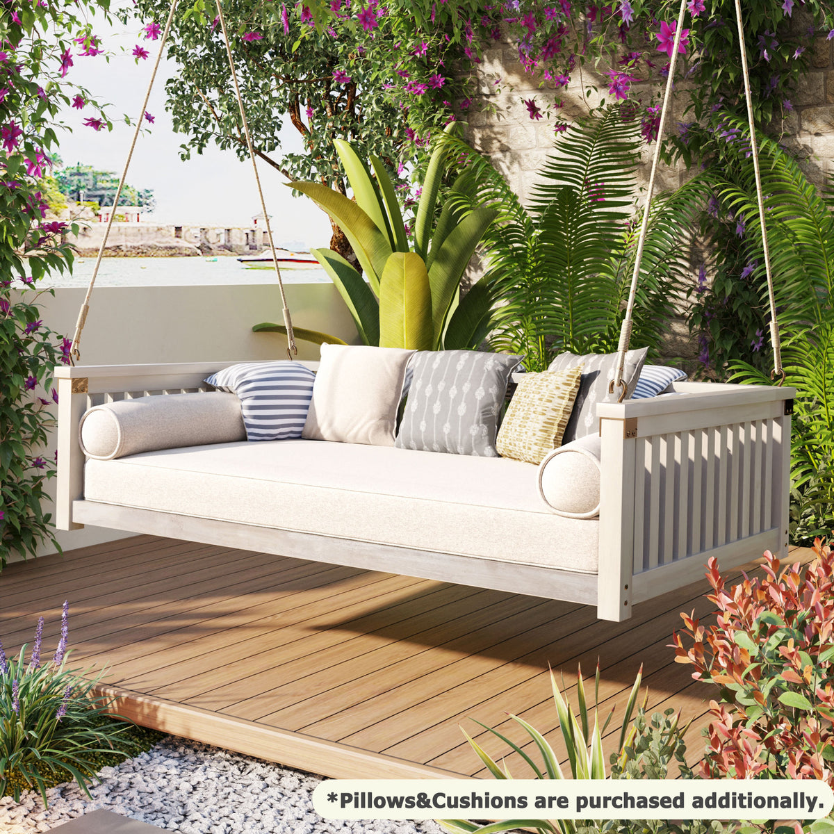 Anthony & Home Topmax Studio solid wood twin size porch swing with ropes, showcasing a sturdy outdoor seating option.