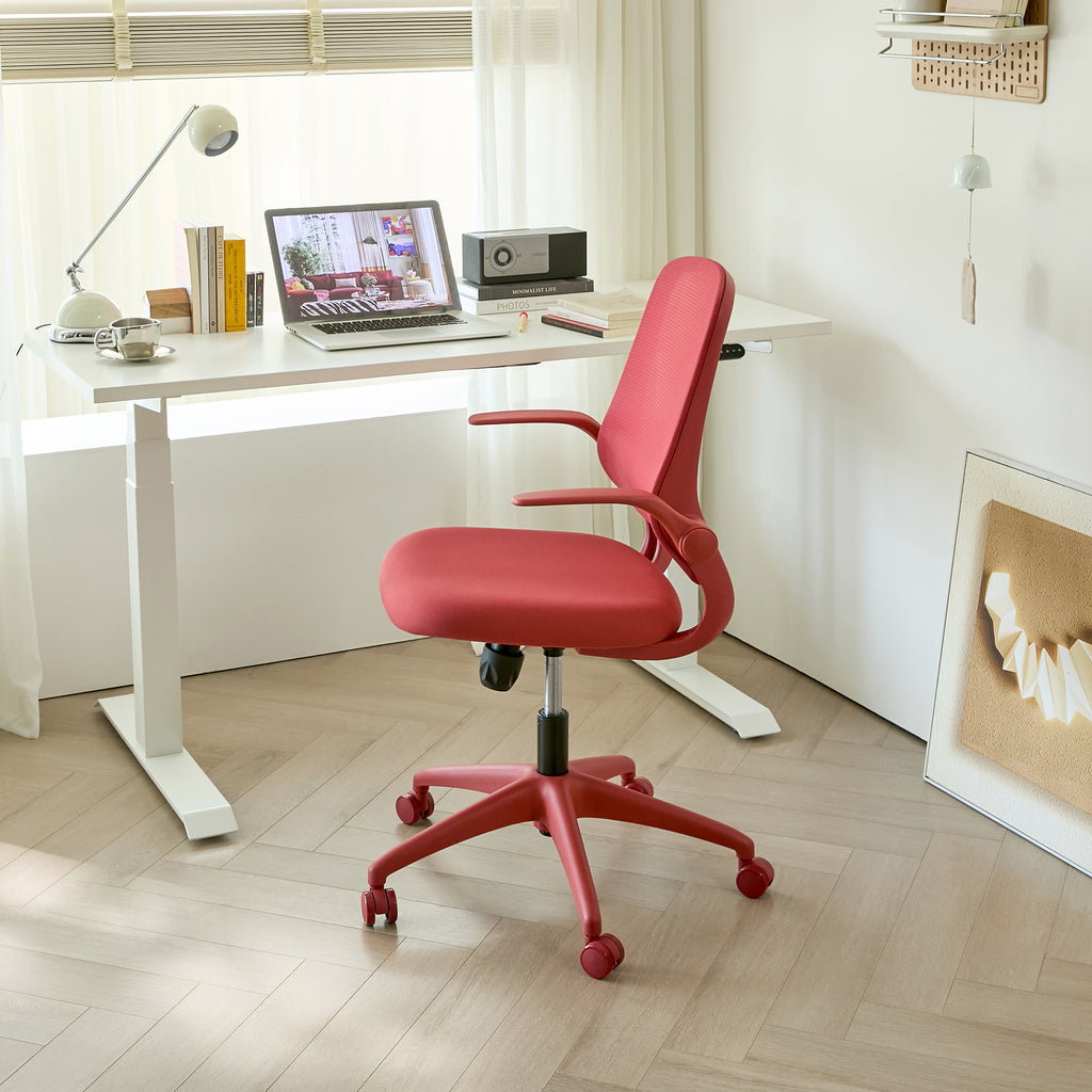 Red ergonomic mesh office chair with integrated molded foam cushion from Anthony & Home Atelier Collection, designed for comfort and support.