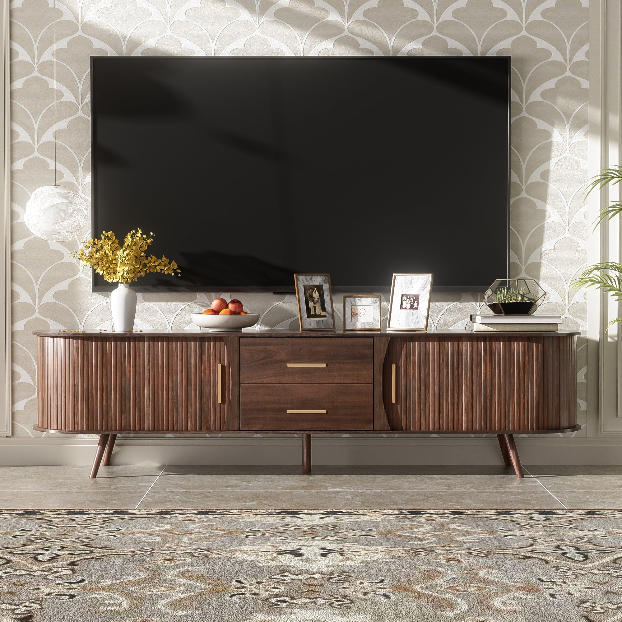 Dark brown mid-century modern TV stand for 80-inch TV, solid wood and MDF entertainment center with storage shelves.