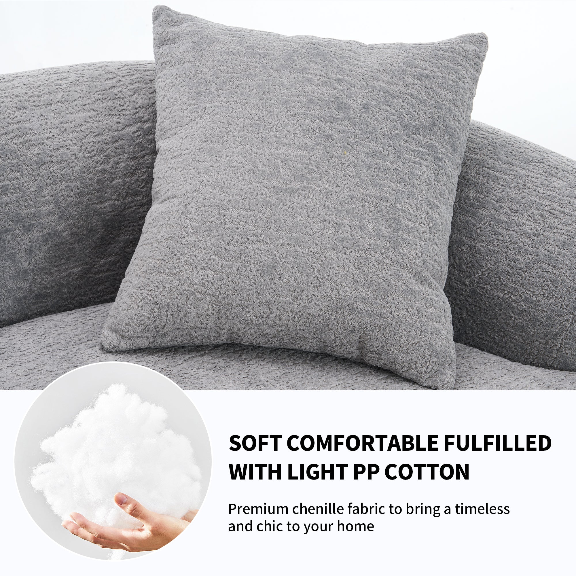 Grey curved modular sofa by Anthony & Home in plush chenille fabric, showcasing its elegant, modern design.