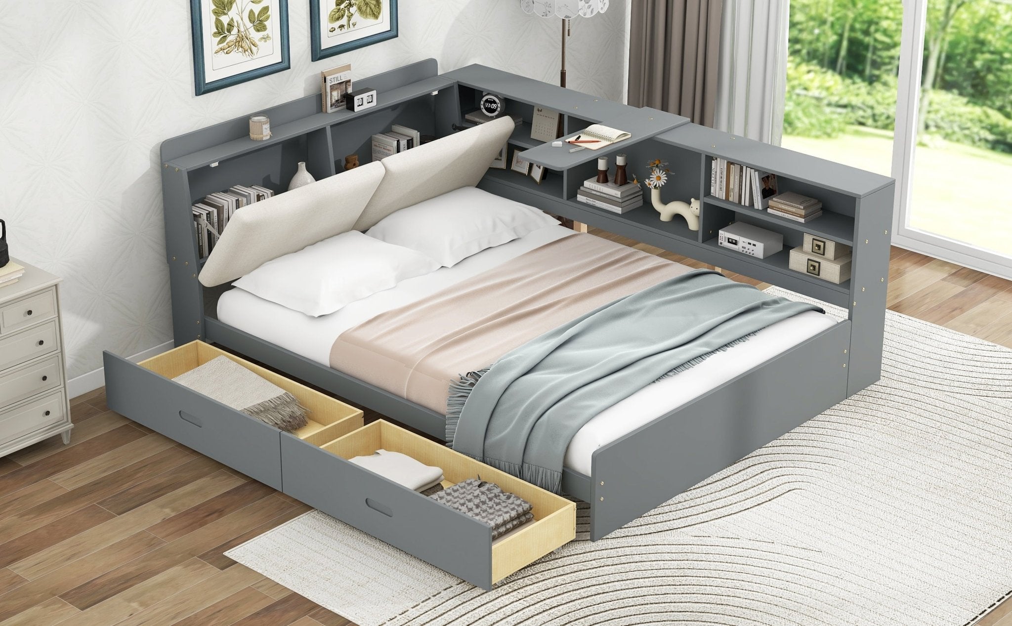 Solid wood platform bed with built-in storage from Anthony & Home, showcasing the sleek design and natural wood finish.