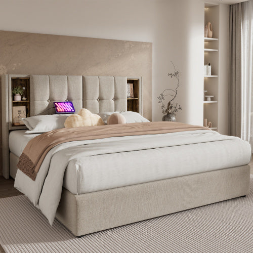 Natural Linen Bed Frame With USB Charge Port 180x200 cm