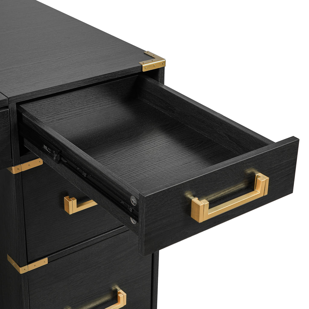 Close-up of Anthony & Home executive desk with signature metal edge trim detail on the surface.