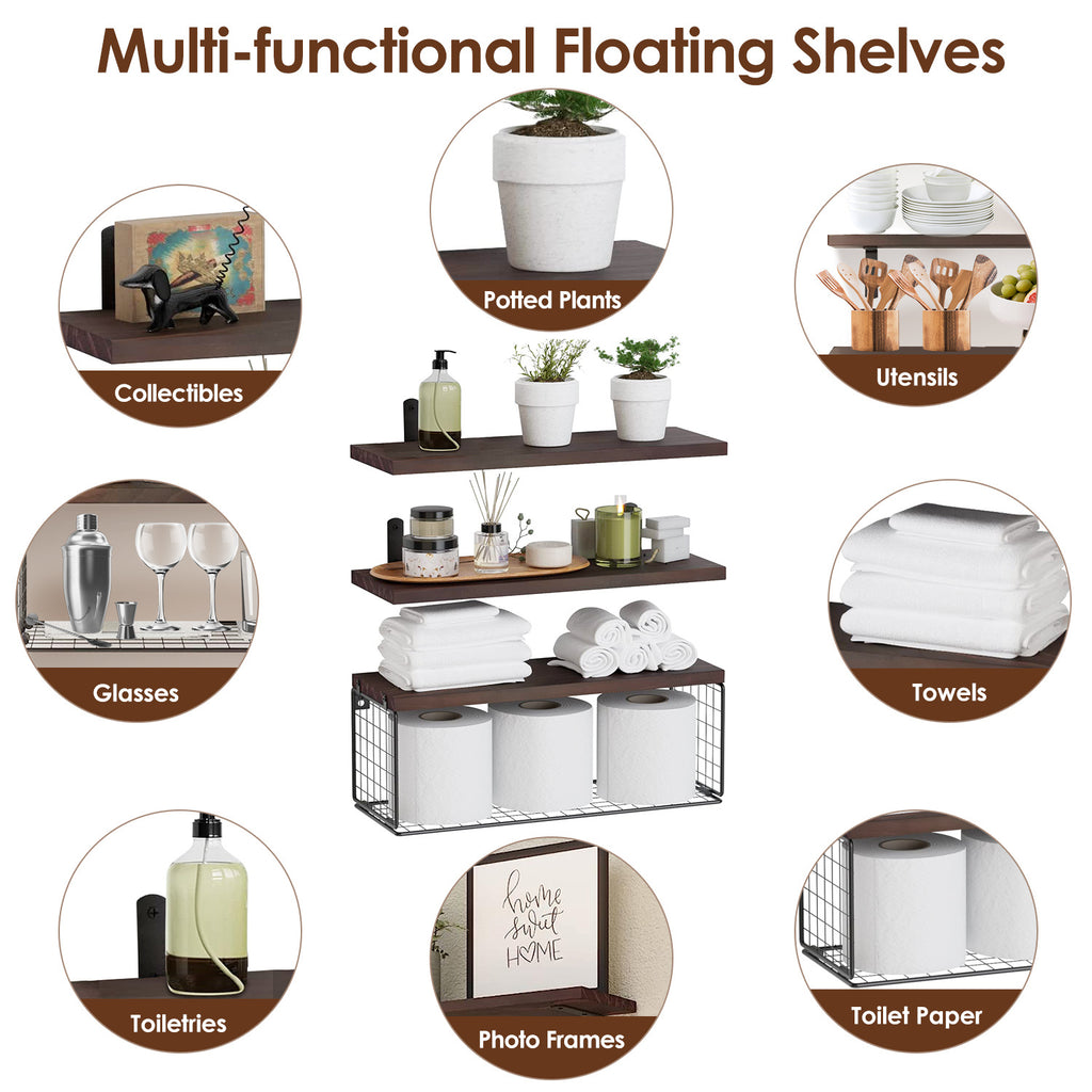 2 In 1 Wall Mounted Floating Shelves With Storage Basket