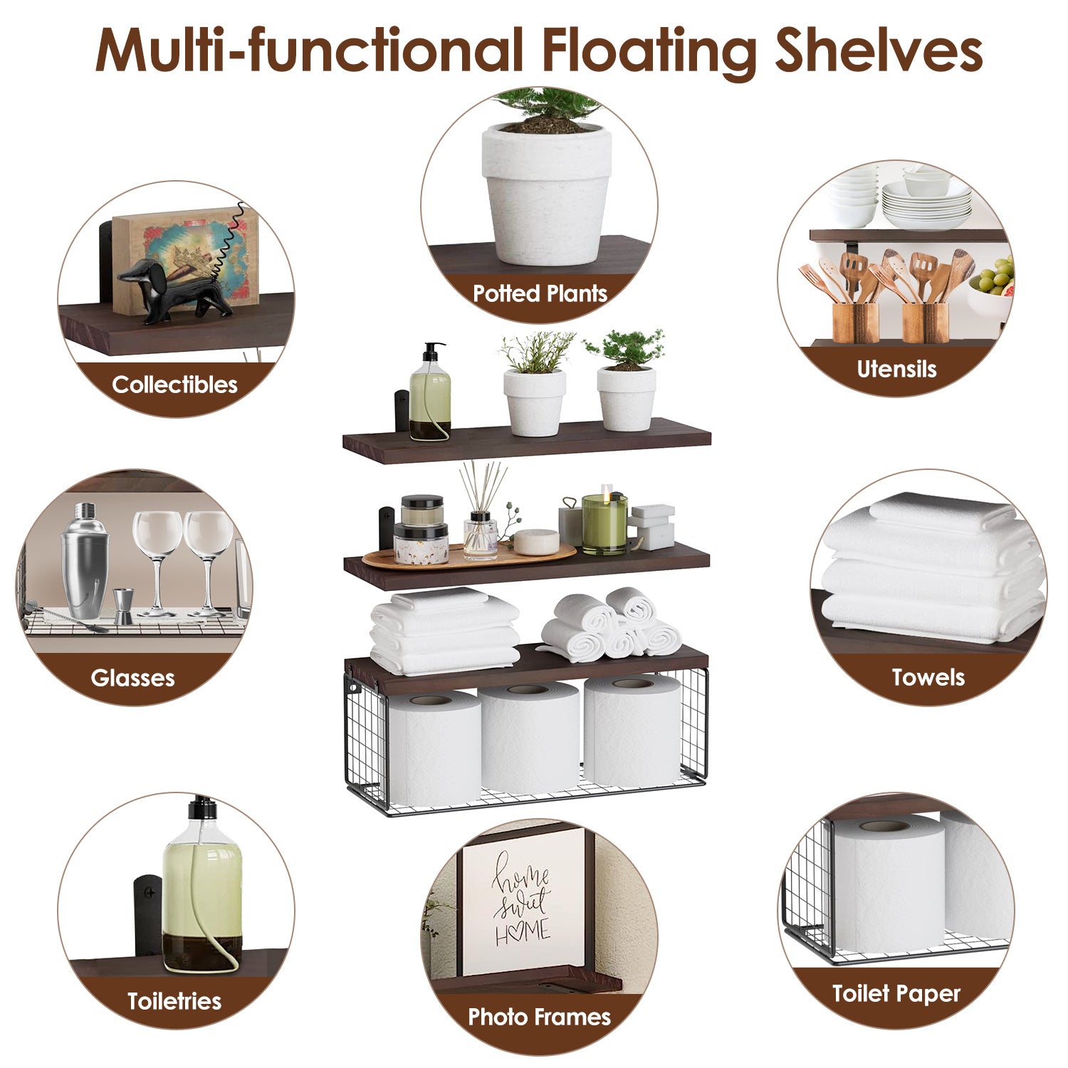 2 In 1 Wall Mounted Floating Shelves With Storage Basket