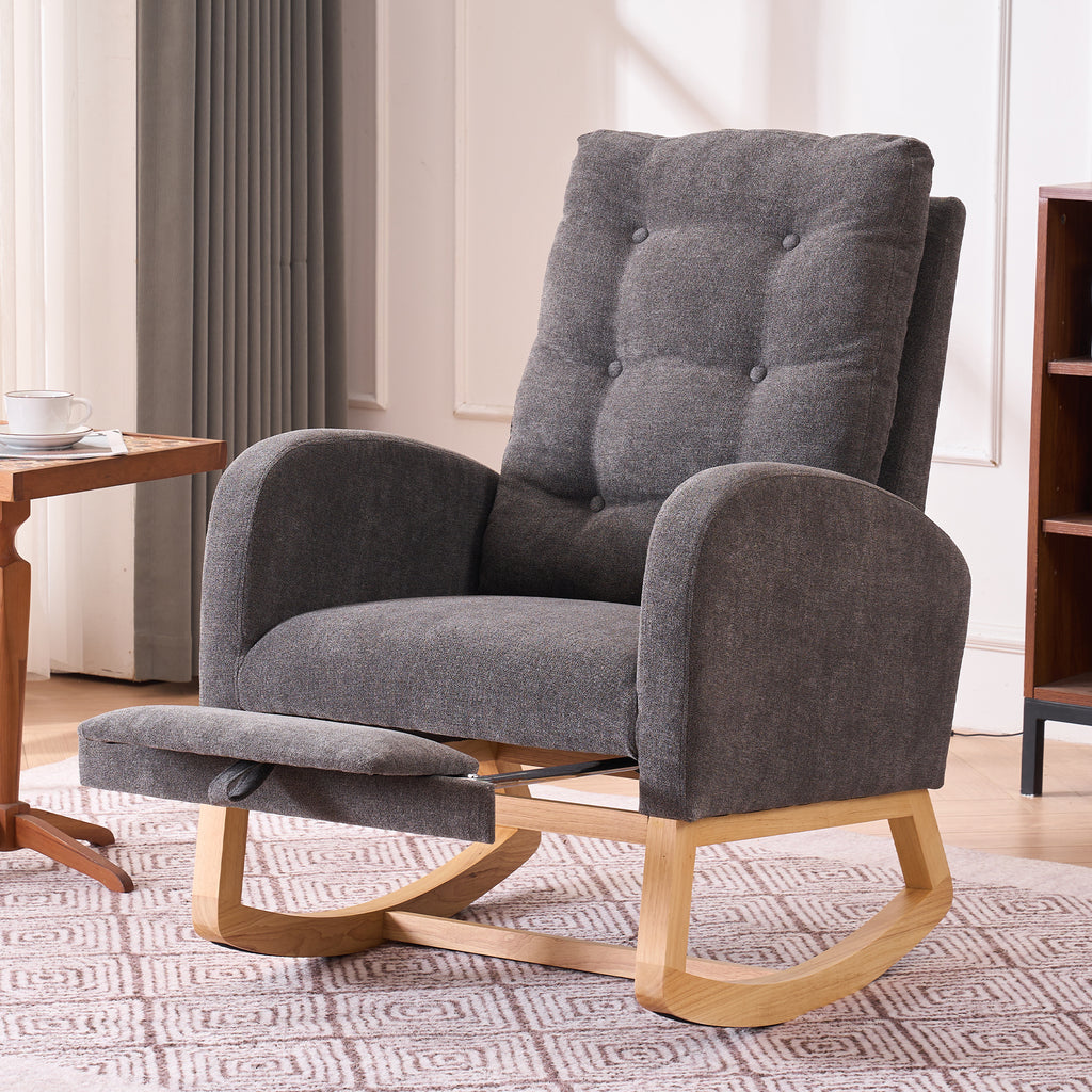 Gray rocking chair with footrest made of rubber wood, stylish studio armchair by Anthony & Home, perfect for relaxing spaces.