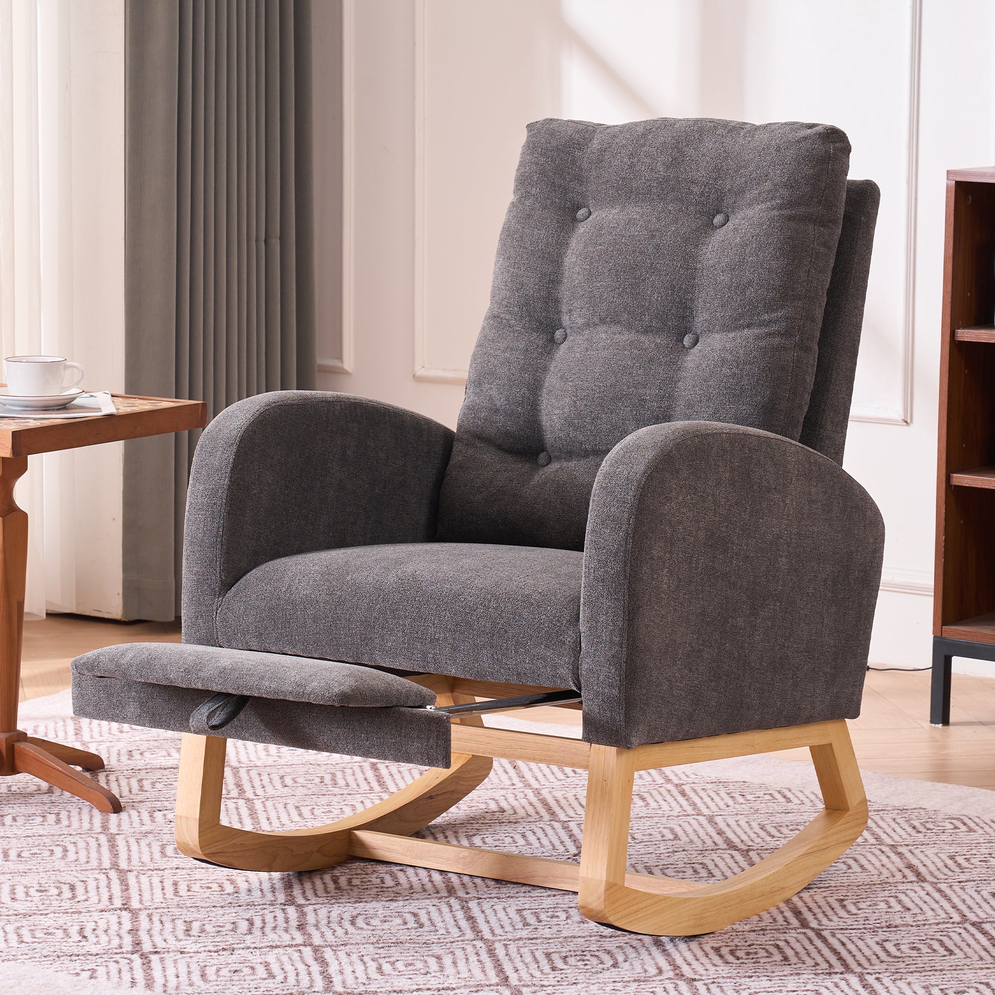 Gray rocking chair with footrest made of rubber wood, stylish studio armchair by Anthony & Home, perfect for relaxing spaces.