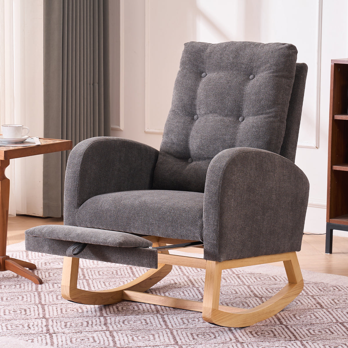 Gray rocking chair with footrest made of rubber wood, stylish studio armchair by Anthony & Home, perfect for relaxing spaces.