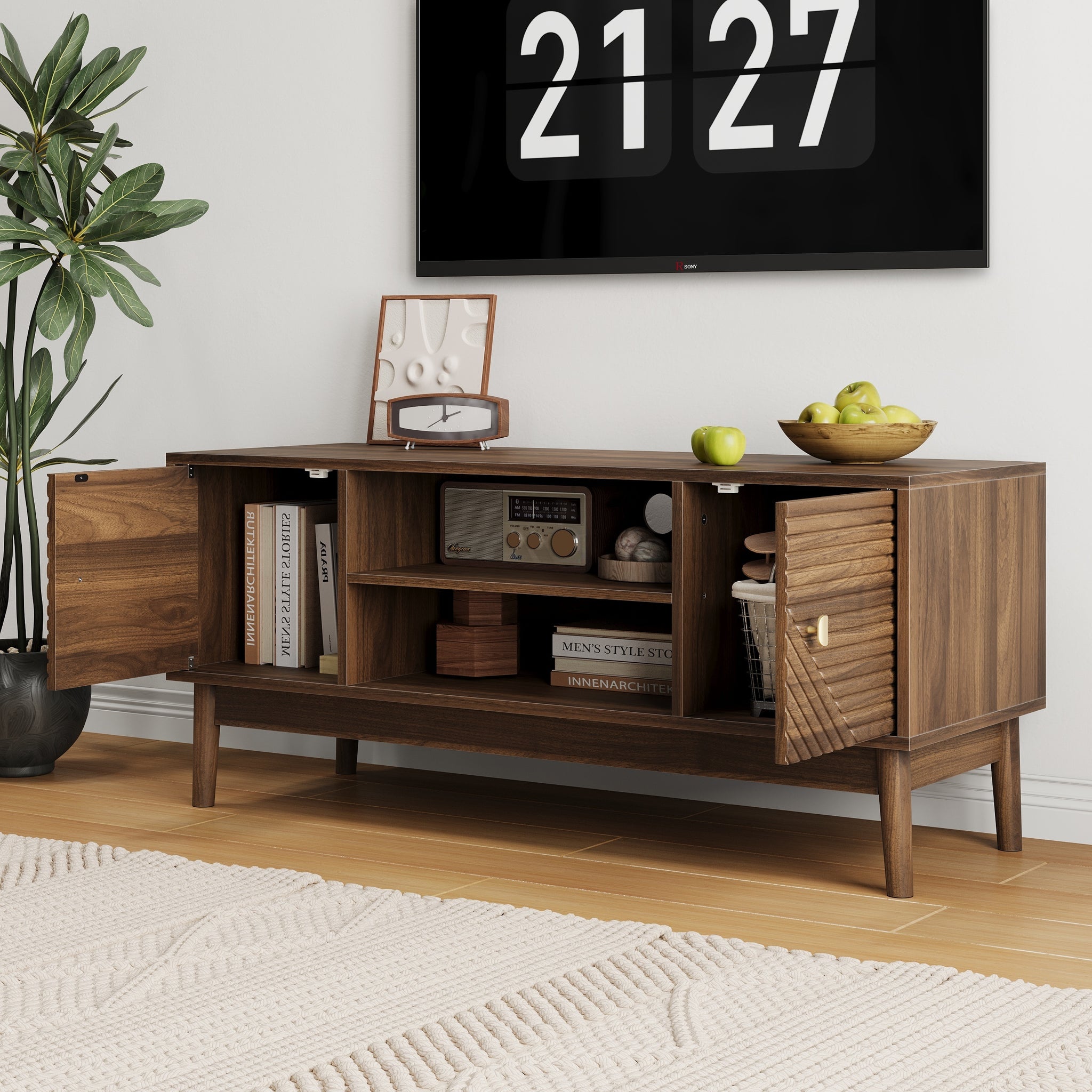 Walnut Mid-Century TV stand by Anthony & Home with sleek wood finish, modern design, and spacious storage compartments.