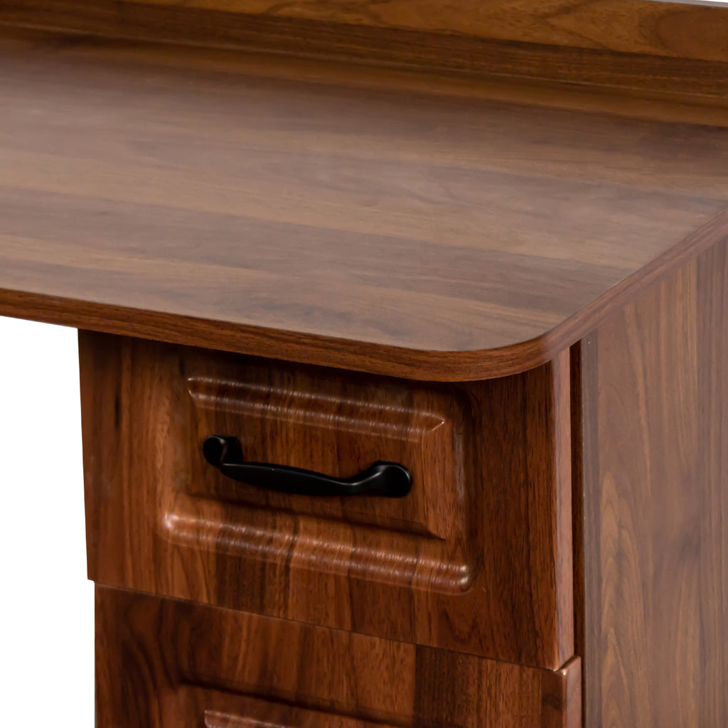 L-shaped corner desk with hutch in oak veneer by Anthony & Home, showcasing a spacious workspace with storage compartments.
