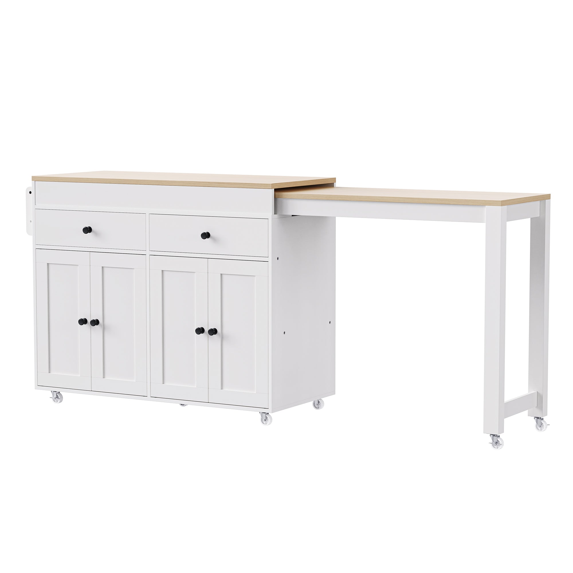 Anthony & Home signature maple wood kitchen island with extendable table, featuring a spacious countertop and sturdy storage cabinets.