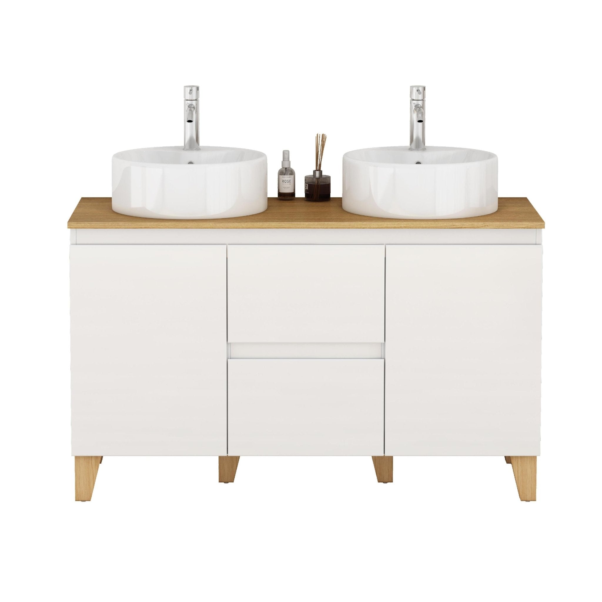 Modern 47-inch white bathroom vanity with two ceramic basins, handle-free doors, large drawers, solid wood top, and soft-close system.