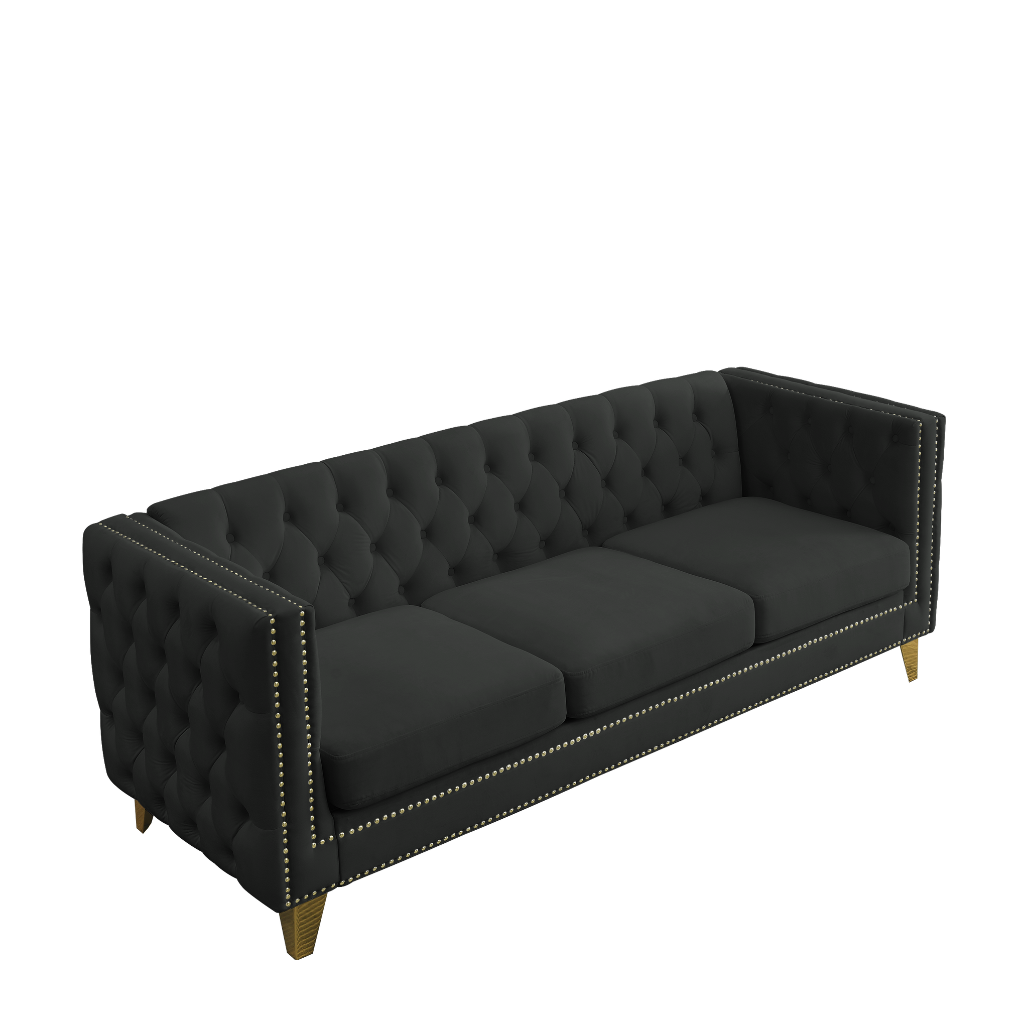 Black Atelier Velvet Tufted 3-Seater Sofa with metal legs by Anthony & Home, showcasing plush velvet upholstery and modern design.