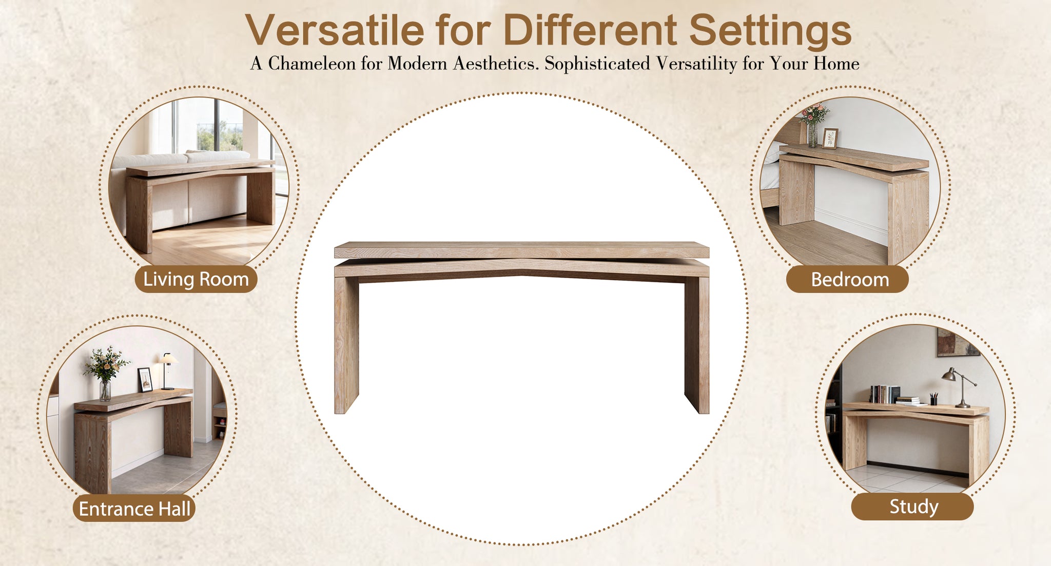 Rustic solid wood veneer console table by Anthony & Home with a natural finish and sleek design.