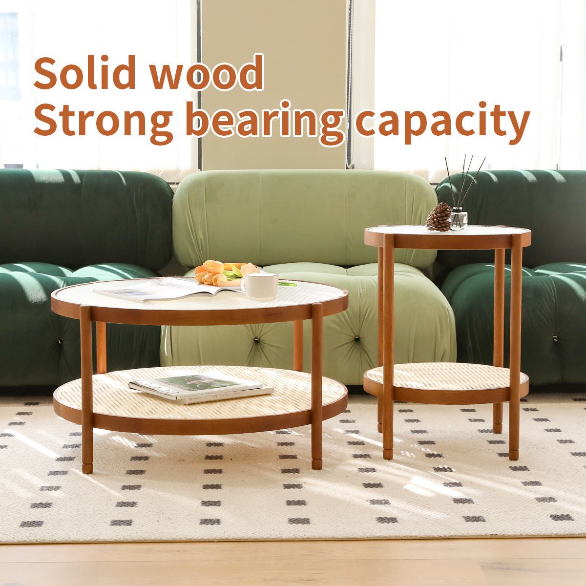 Set of nesting round wood coffee tables with tempered glass tops from Anthony & Home, modern living room decor.