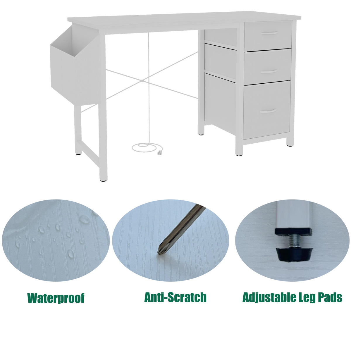 Anthony & Home studio white lacquer office desk with three drawers, power outlet, reversible frame, easy to assemble, modern design.