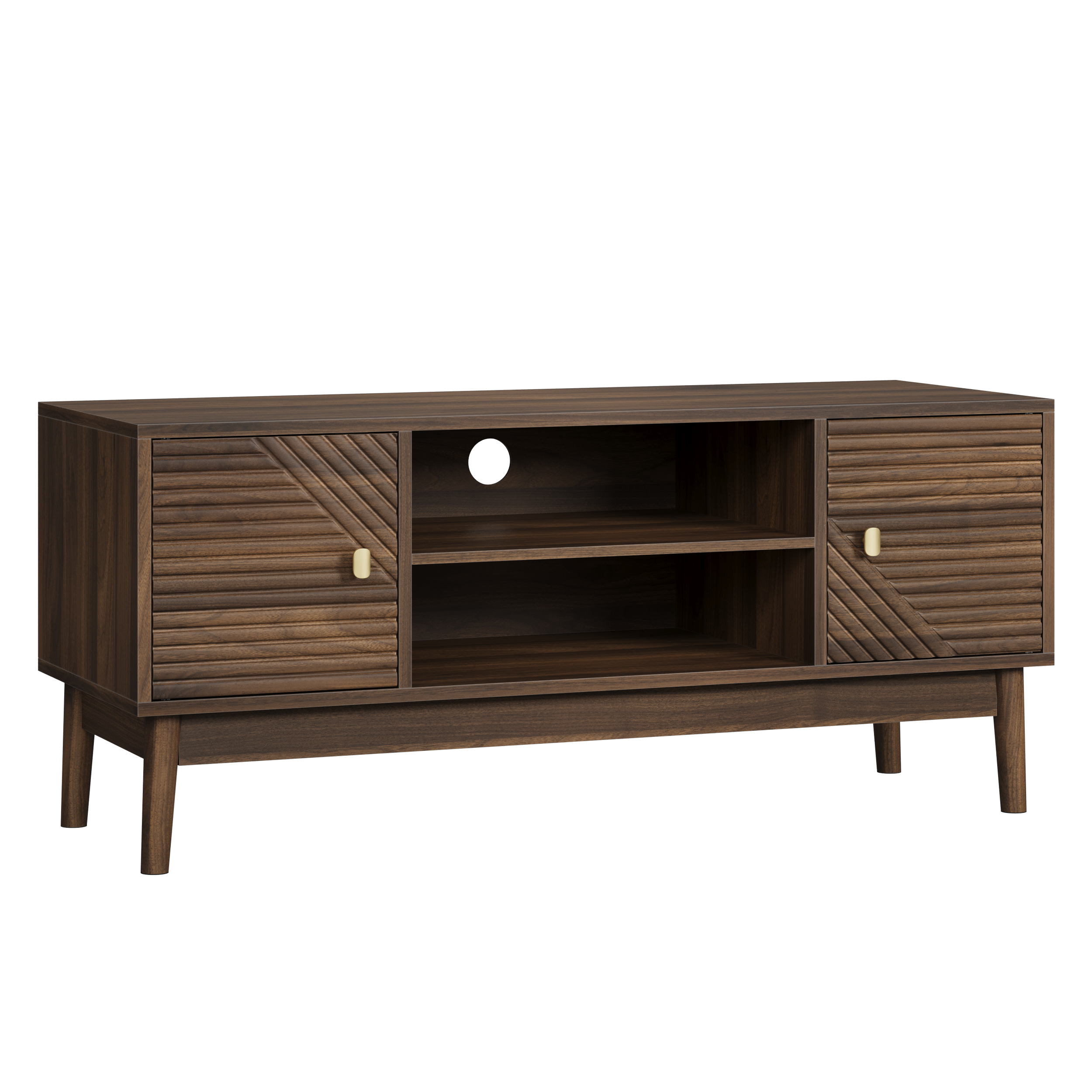 Walnut MDF mid-century modern TV stand for 32/45 inch TVs with storage, 43.31-inch media console for living room or bedroom.