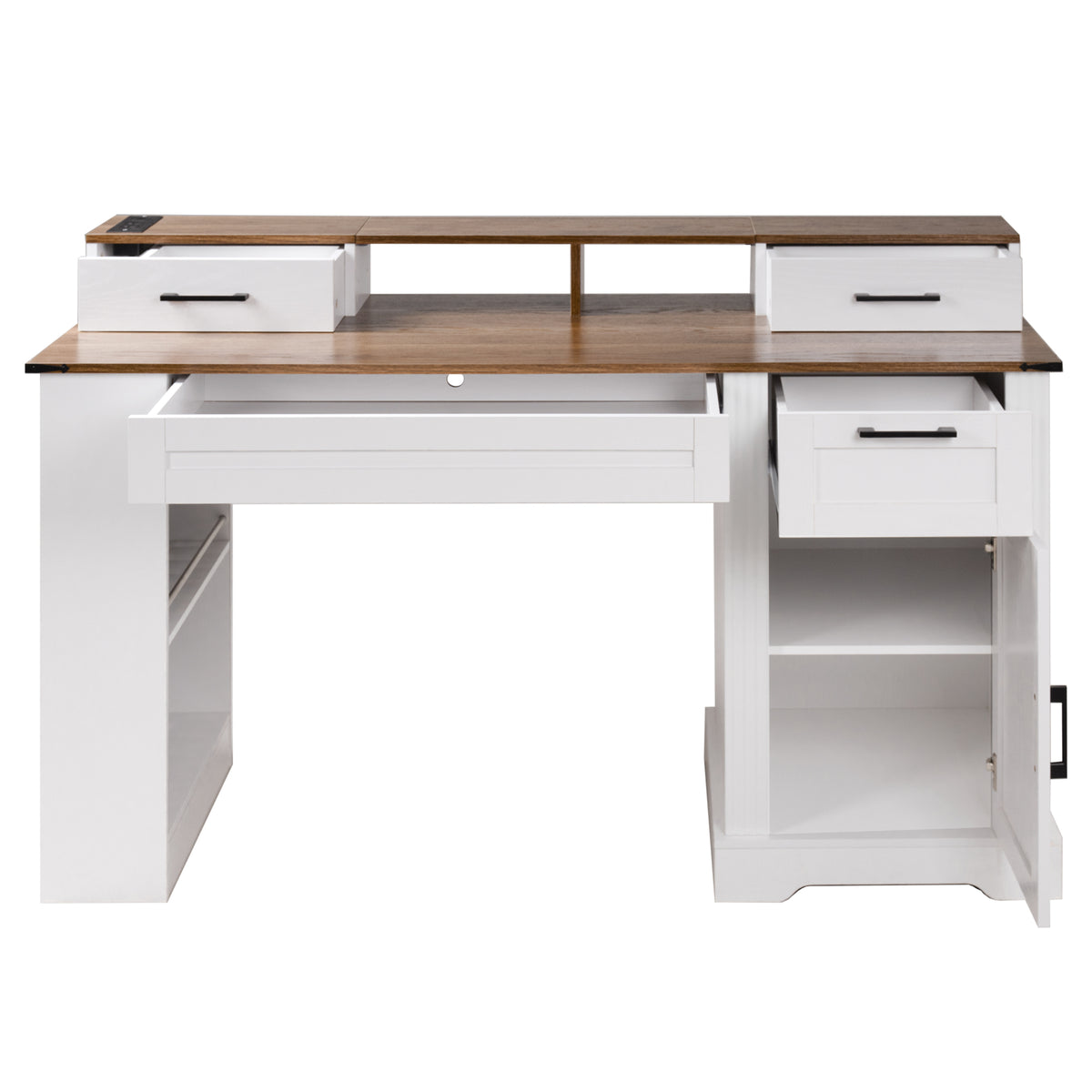 Anthony & Home studio barn door desk with integrated storage and charging station, showcasing a modern workspace with sliding barn door design.