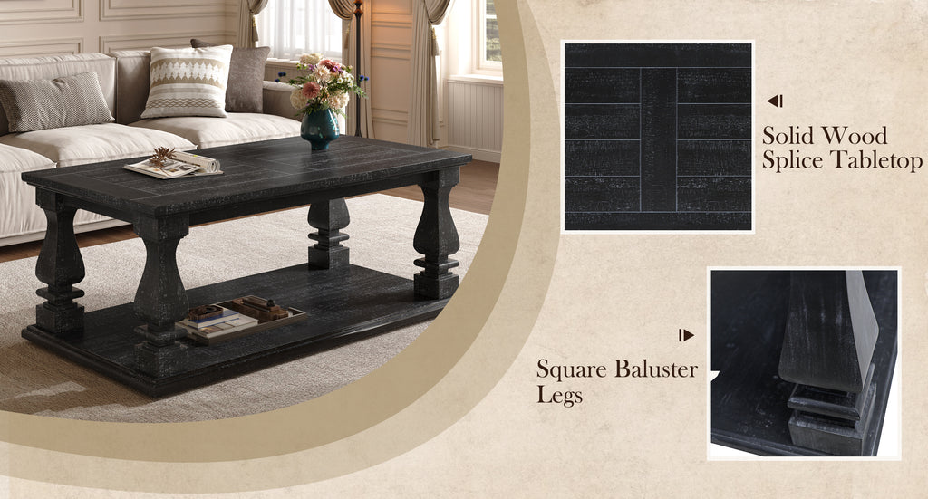 Weathered black farmhouse coffee table by Anthony & Home with heavy plank top, baluster legs, and storage shelf in rustic style.