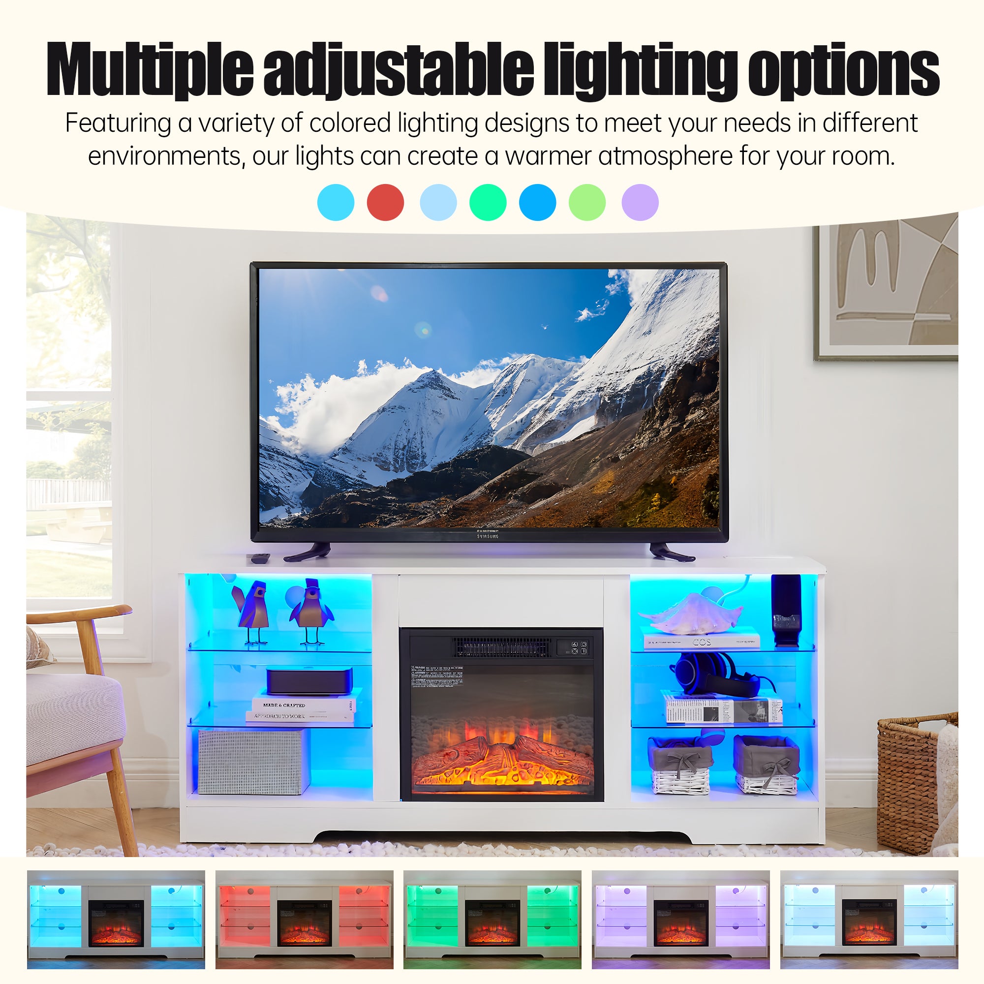 Anthony & Home electric fireplace TV stand with glass shelves, modern design, and built-in electric fireplace for cozy living rooms.
