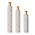 Heritage Collection Floor Vase Trio by Anthony & Home, showcasing elegant ceramic vases with intricate patterns on a neutral background.