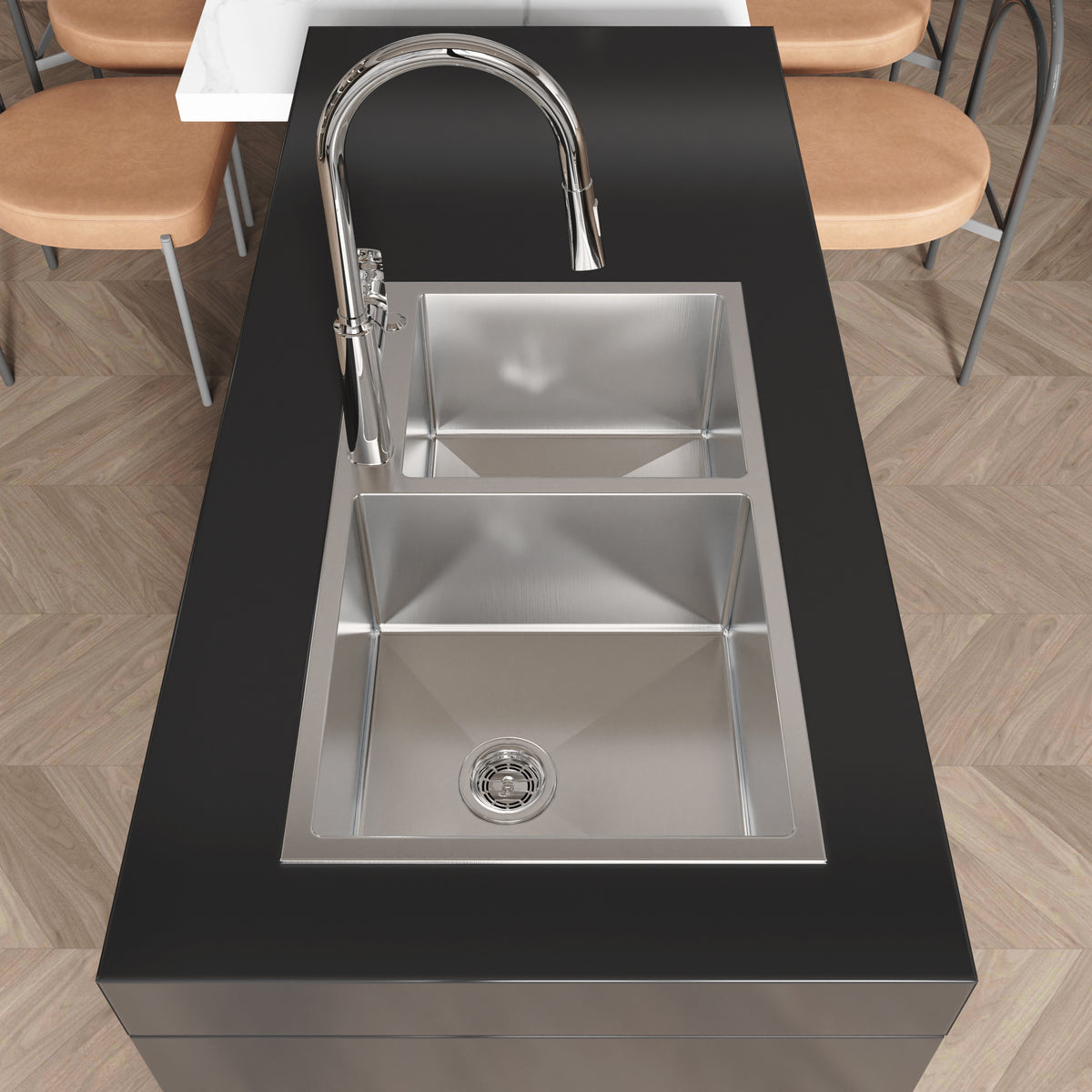 Brushed nickel stainless steel kitchen sink with double bowls, 32x19 inches, from Anthony & Home Studio Collection.
