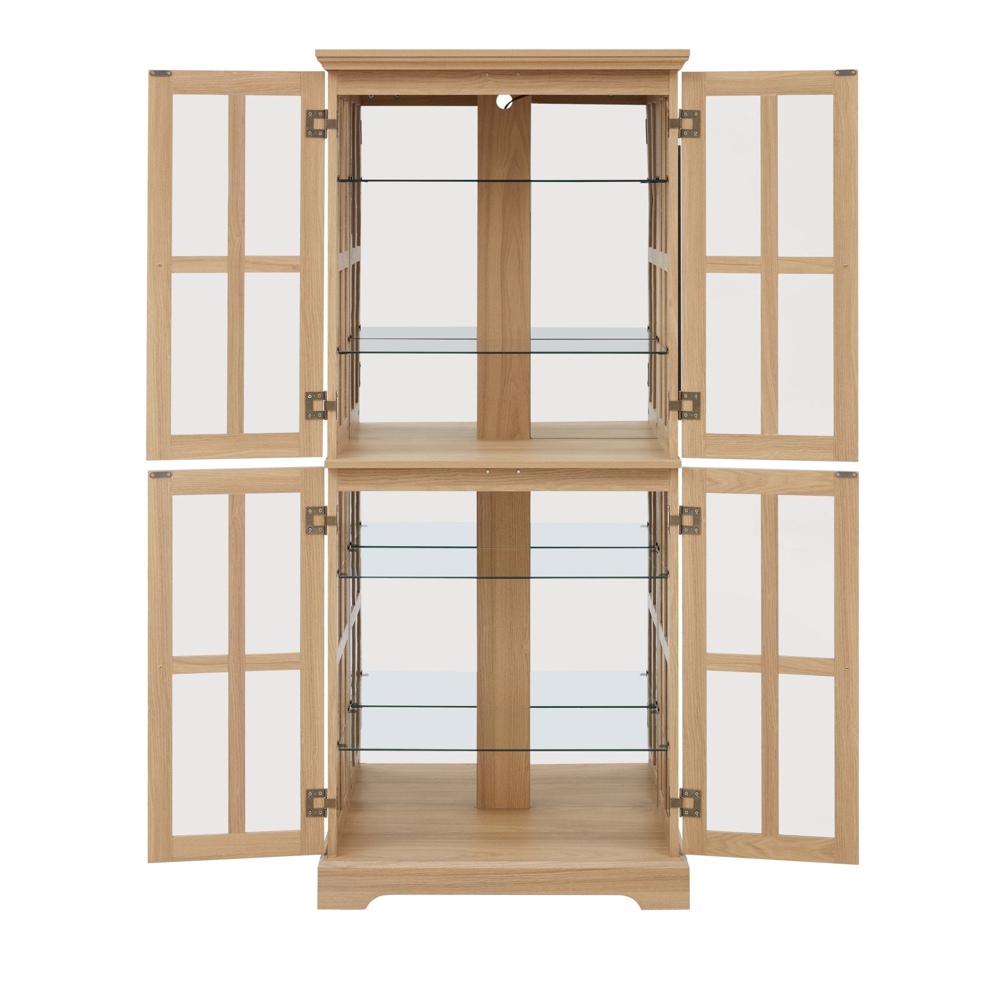 Anthony & Home Oak Curio Cabinet with glass doors, showcasing elegant wood finish and display shelves inside.